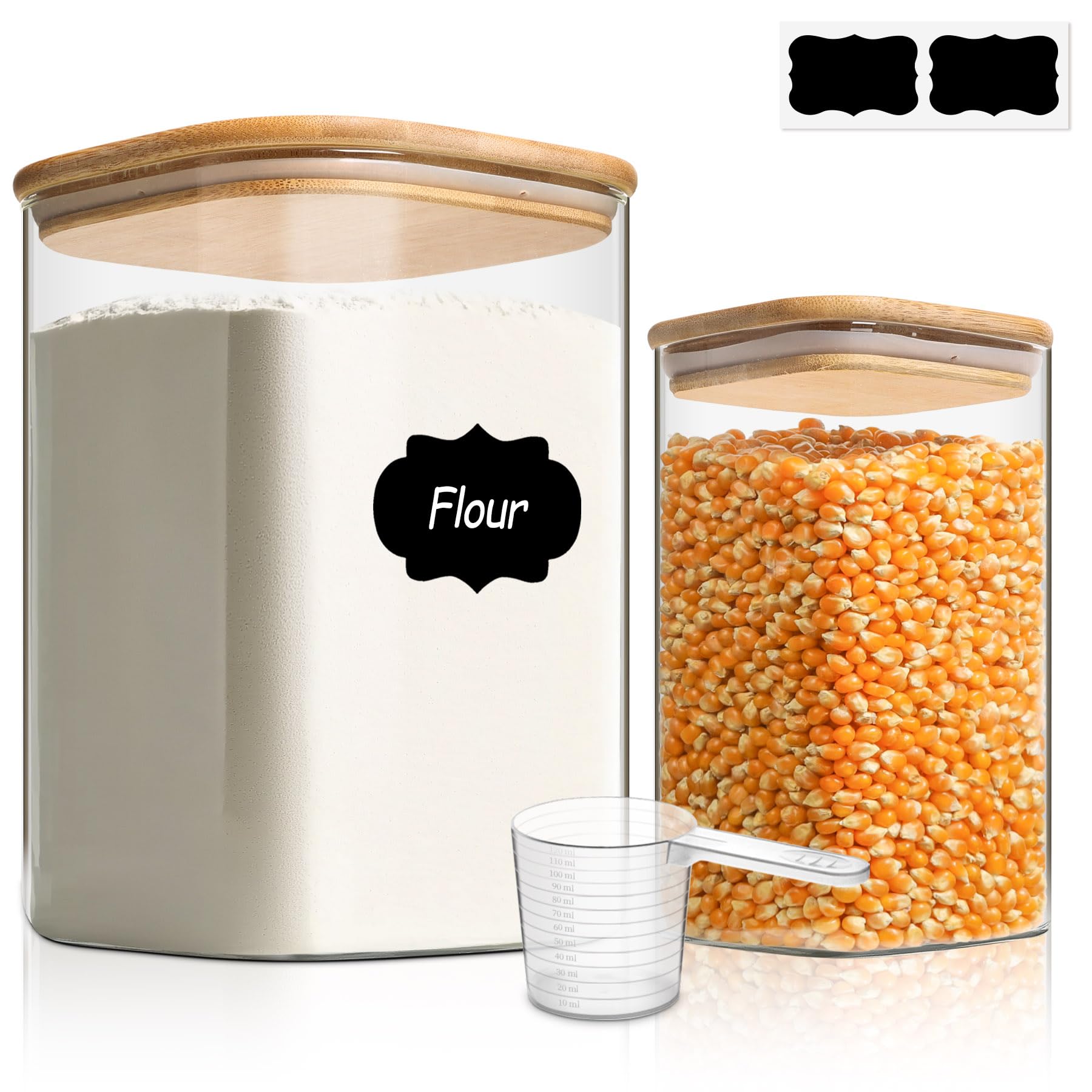ComSaf Glass Food Storage Containers, 3.6Qt/1.2Qt Glass Flour and Sugar Containers with Airtight Lids, Large Square Jars with Ba