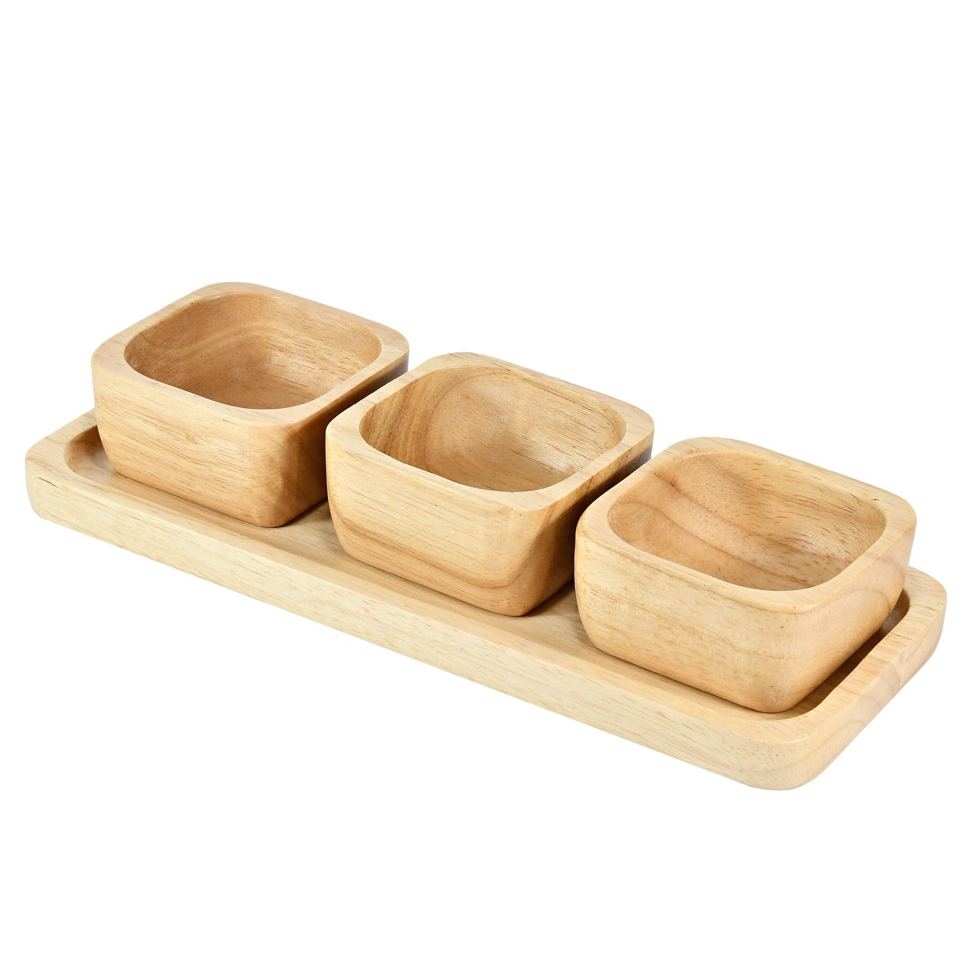 Aeravida Functional Kitchen D  Cor Snack Plate With Three Square Bowl Natural Brown Rubber Tree Wood Set | Wooden Square Bowls F
