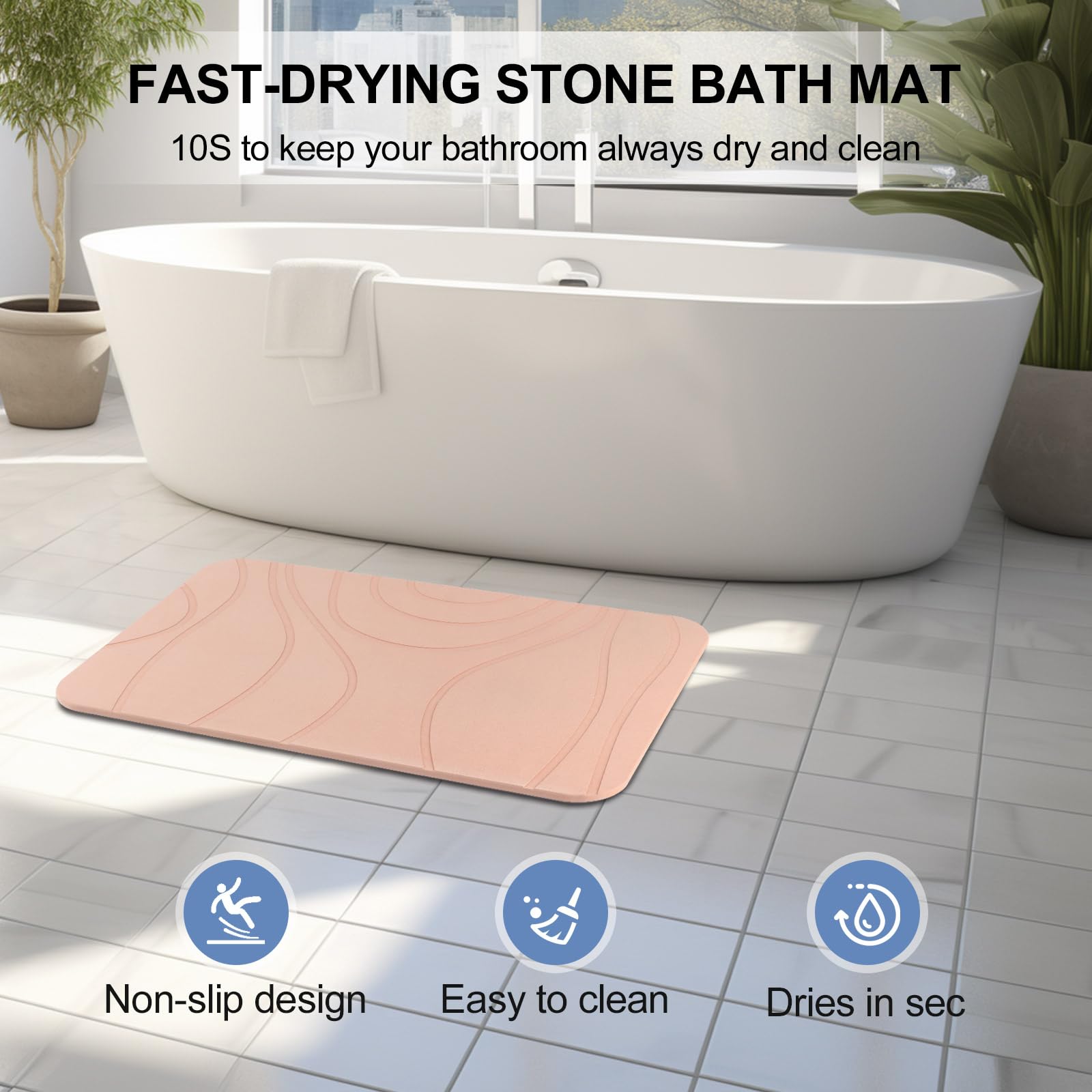 Stone Bath Mat, 2 Pack Diatomaceous Earth Shower Mat, Non-Slip Super Absorbent Quick Drying Bathroom Floor Mat, 24X15, Pink
