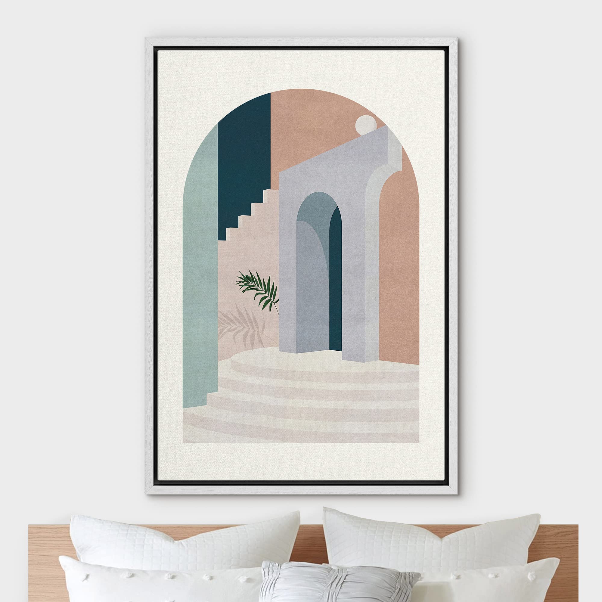 NWT Framed Canvas Print Wall Art Morandi Colour Illustrations Arch View Terrace Exterior & Palm Leaf Geometric Shapes Illustrations Mid-Century Modern for Living Room  Bedroom  Office - 24''x36'' White