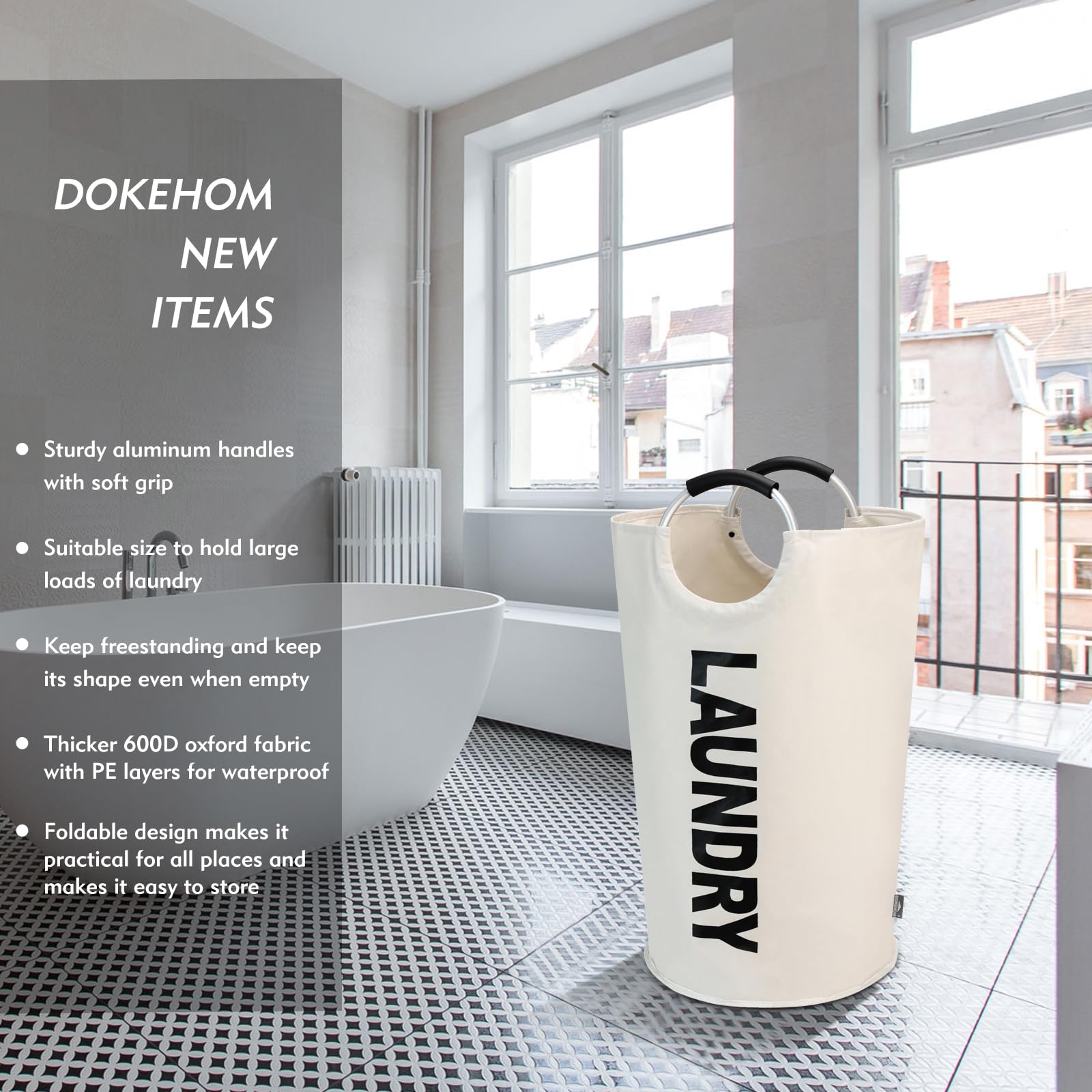 Dokehom 125L X-Large Laundry Basket, Collapsible Laundry Bag, Freestanding Tall Clothes Hamper, Foldable Washing Bin (Beige)