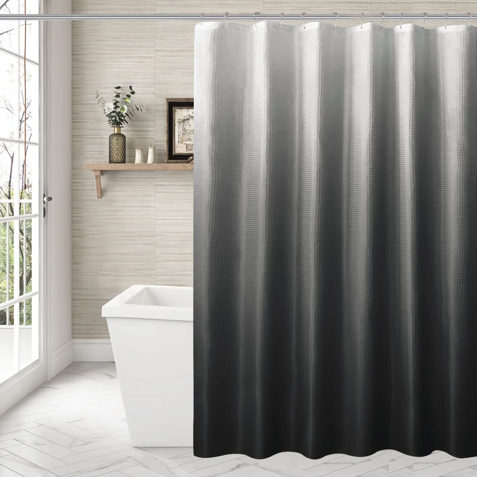 BBiggood Black Ombre Narrow Shower Curtain Set  36 x 72 Small Stall Shower Curtain  36 Inch Waffle Weave Fabric Shower Curtain Set with Hook  Water Repellent