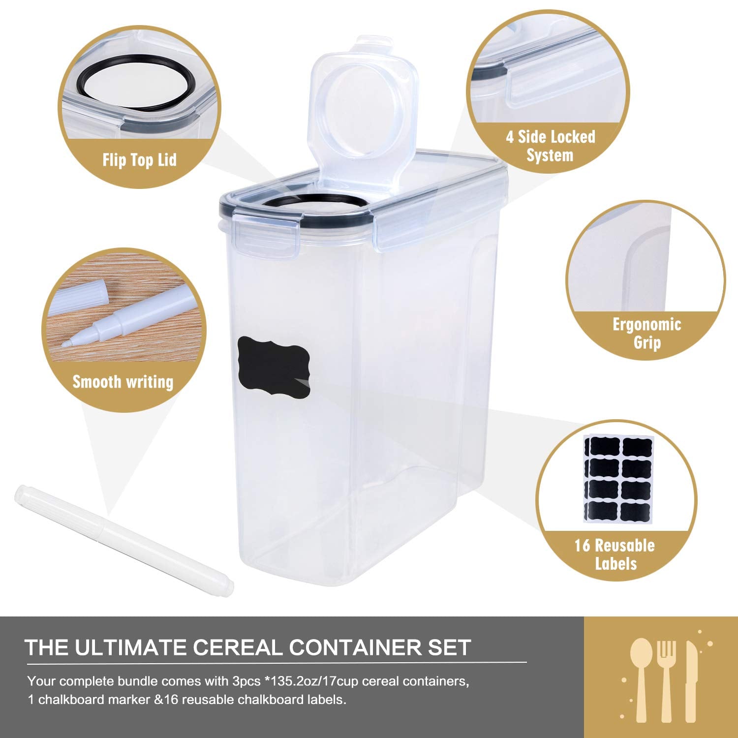 Fooyoo Cereal Containers Storage Set - 3 Piece Airtight Large Dry Cereal Container (135.2Oz), Bpa Free Dispenser Plastic Cereal