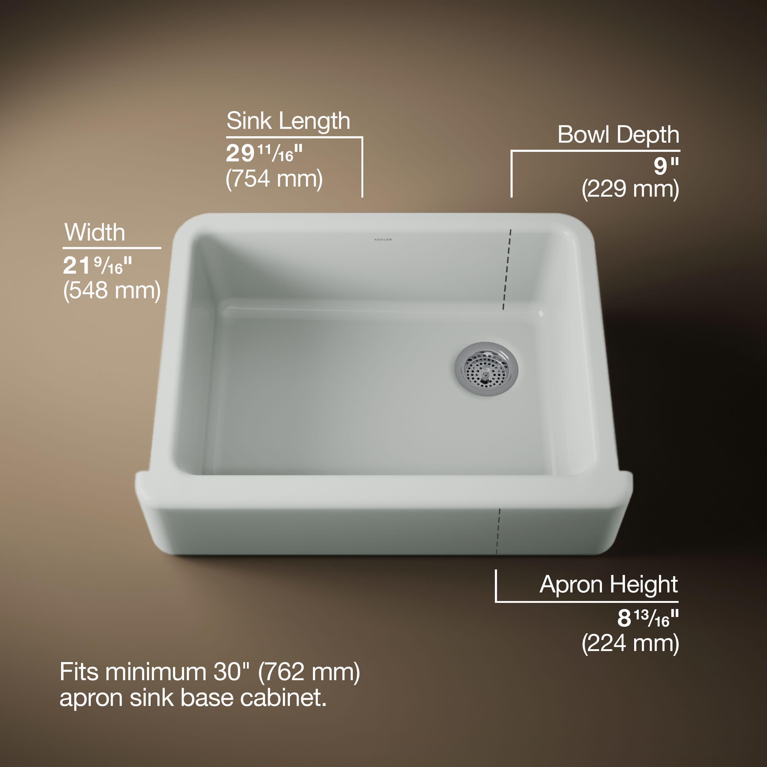 Kohler K-6487-95 Whitehaven Farmhouse Self-Trimming Apron Front Single Basin Kitchen Sink With Tall Apron, Ice Grey, 30 Inch