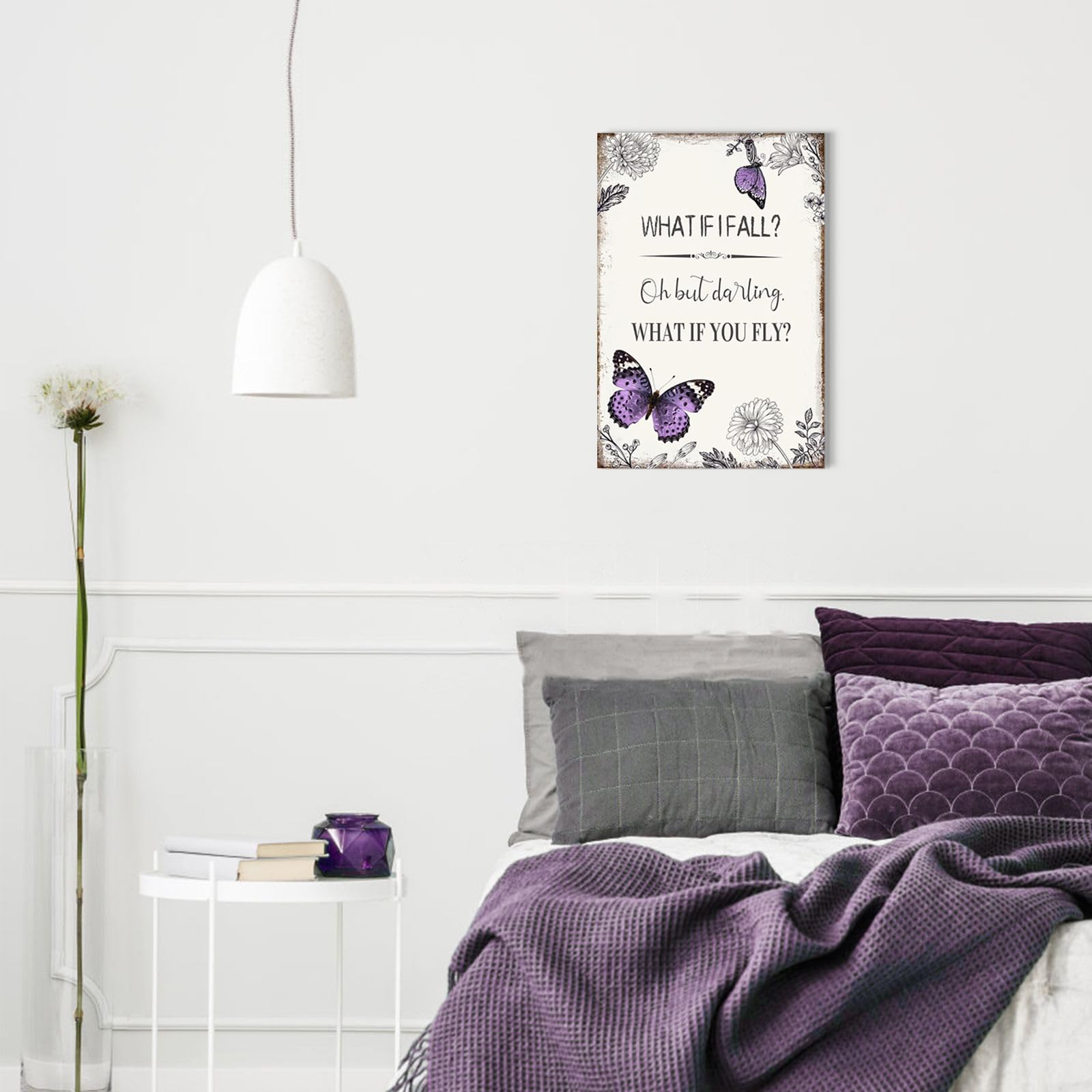 Ypy Inspirational Quote Canvas Wall Art : Purple Butterfly Picture Motivational Framed Poster, What If I Fall Positive Sign For
