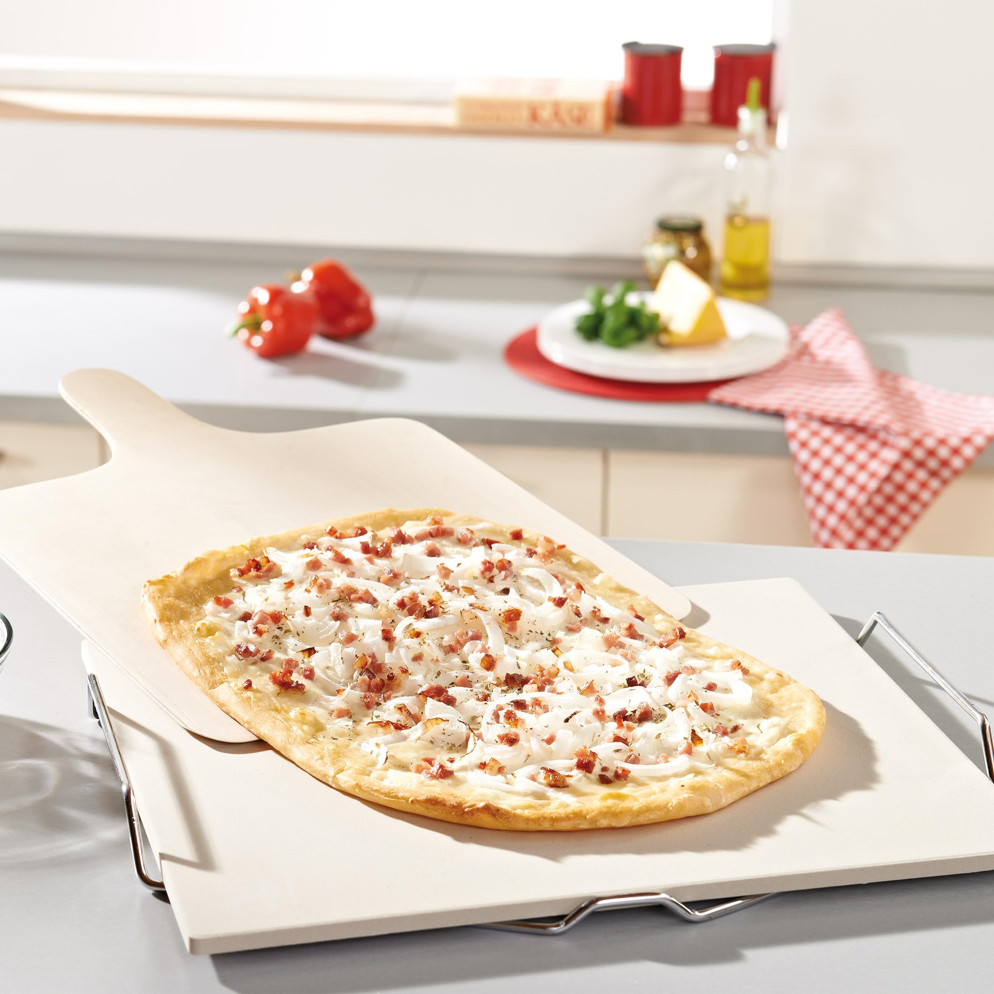 Leifheit Large Square Ceramic Pizza Stone With Carrying Tray And Wooden Spatula, Gray