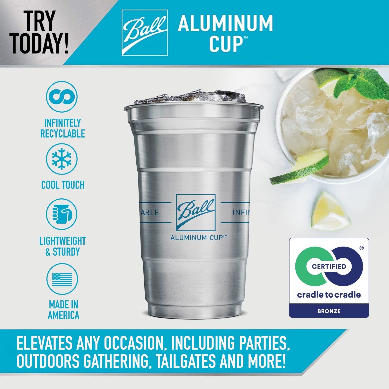 Ball Aluminum Cup 20 oz Recyclable Party Cups, 10 Count, Durable Aluminum, Perfect for Events