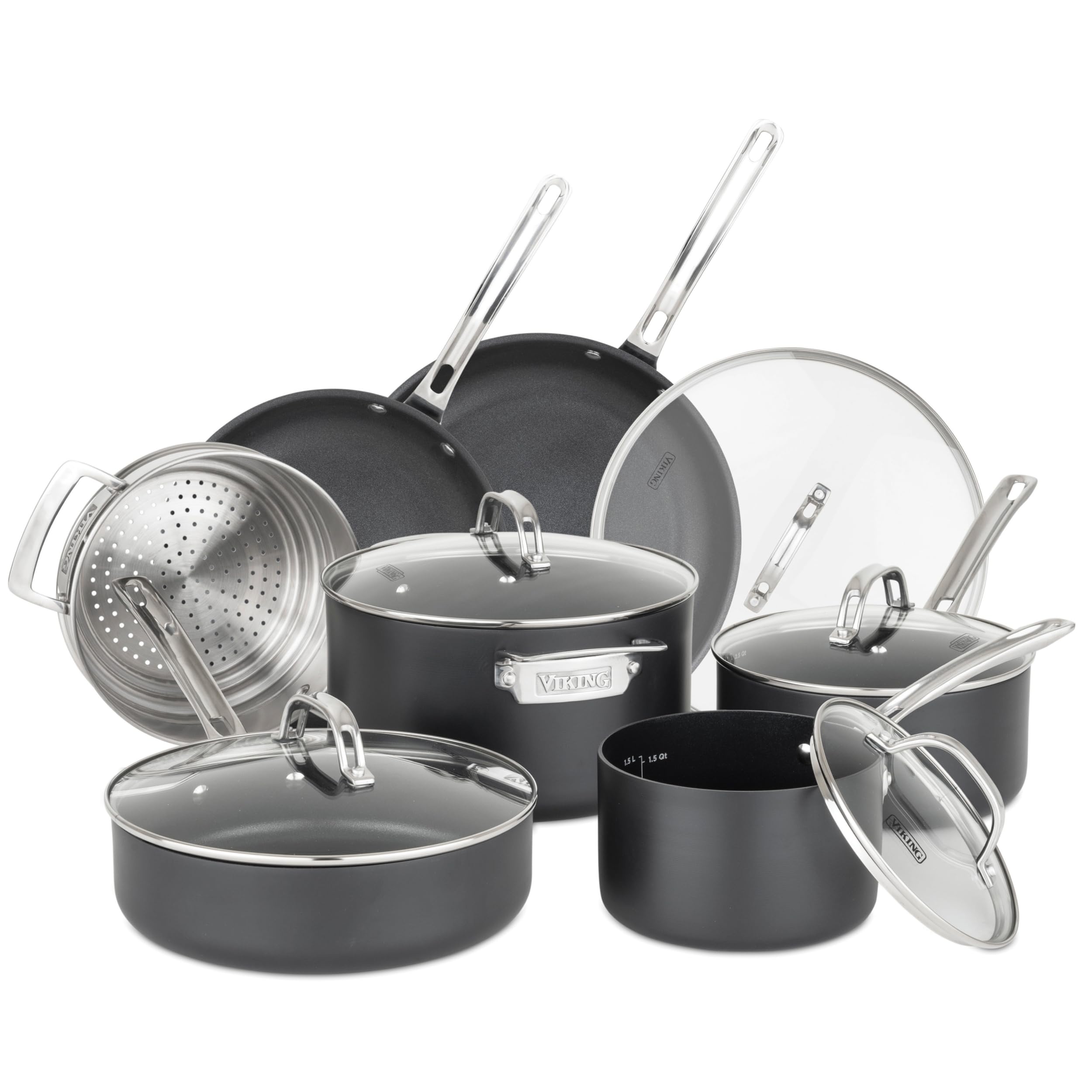 Viking Cookware Set, 12 Piece Hard Anodized Ceramic Nonstick Kitchen Cookware with Glass Lids, Made without PFAS, Oven Safe, Ind