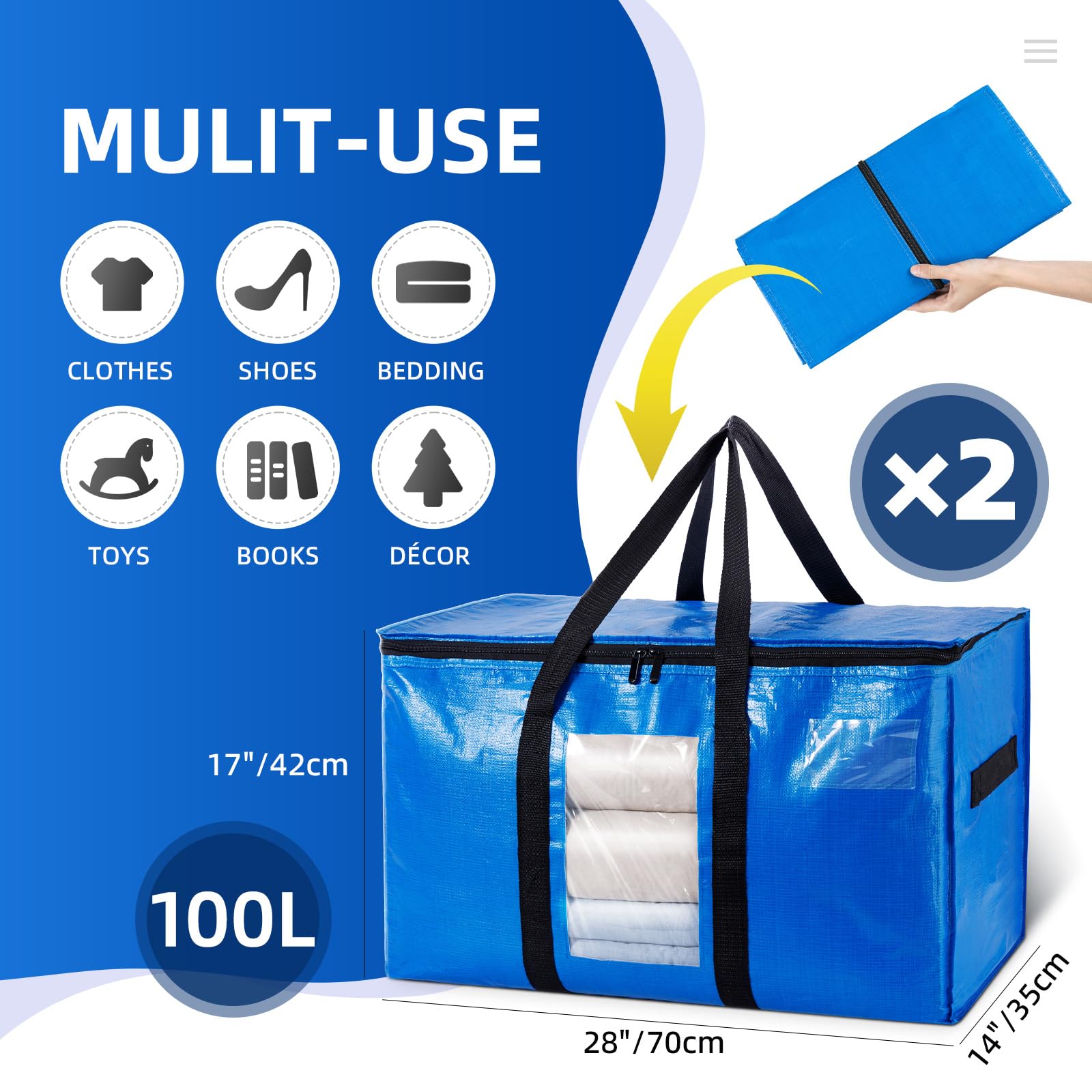 Taili Extra Large Moving Bags, 2 Pack Heavy Duty Totes For Storage With Visible Window, Wrap Around Handles, Storage Bags For Sp
