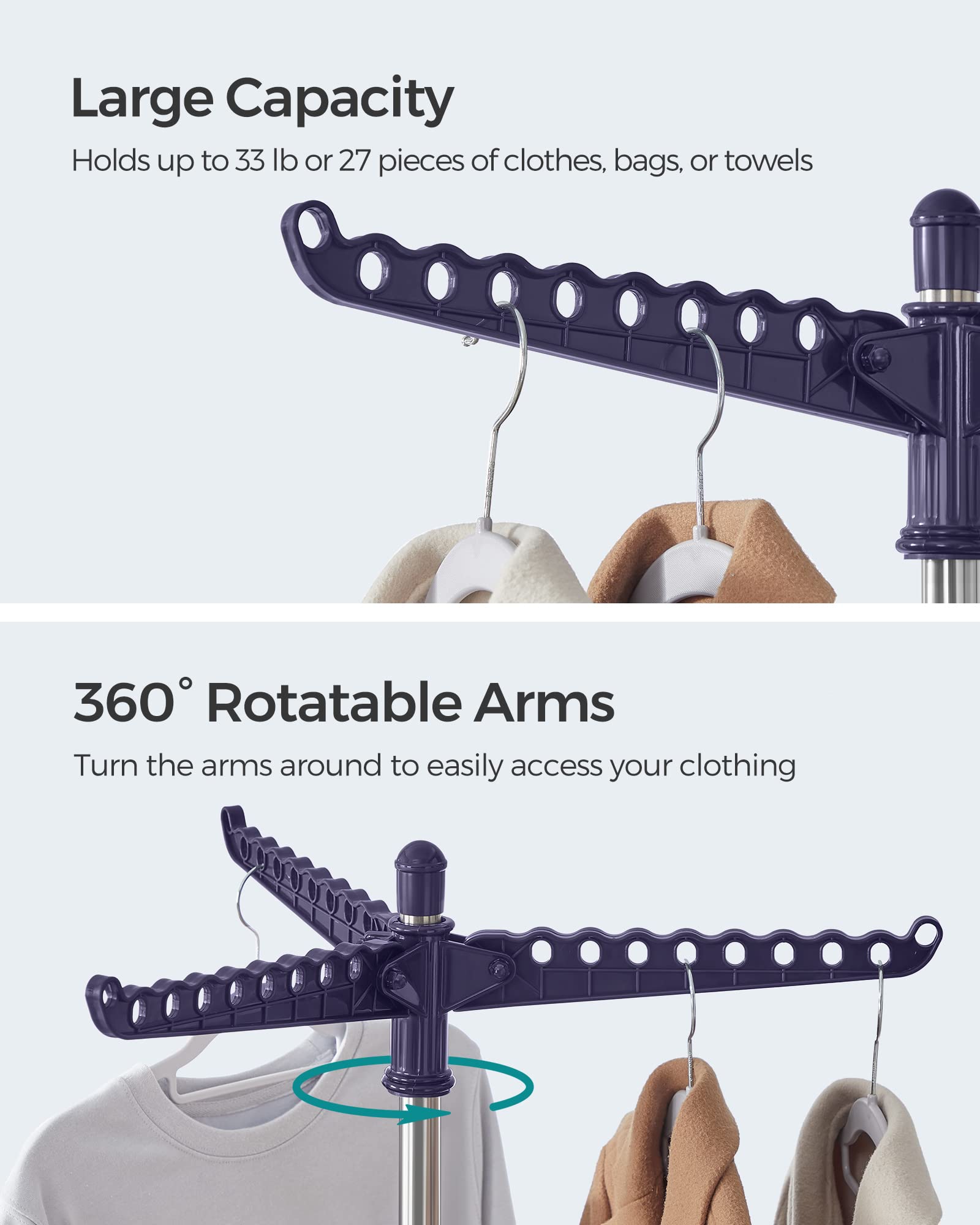 SONGMICS Clothes Drying Rack  59.6 Inches High Folding Laundry Drying Rack with 3 Rotatable Arms for Hangers  4 Legs  Stainless Steel  for 27 Pieces of Clothes  Blue and Silver ULLR510Q01