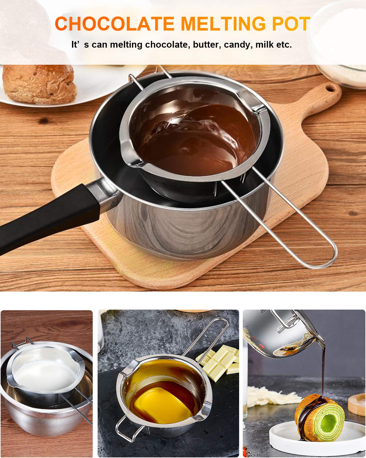 Stainless Steel Double Boiler Pot With 600Ml For Melting Chocolate, Candy And Candle Making (18/8 Steel, Universal Insert)