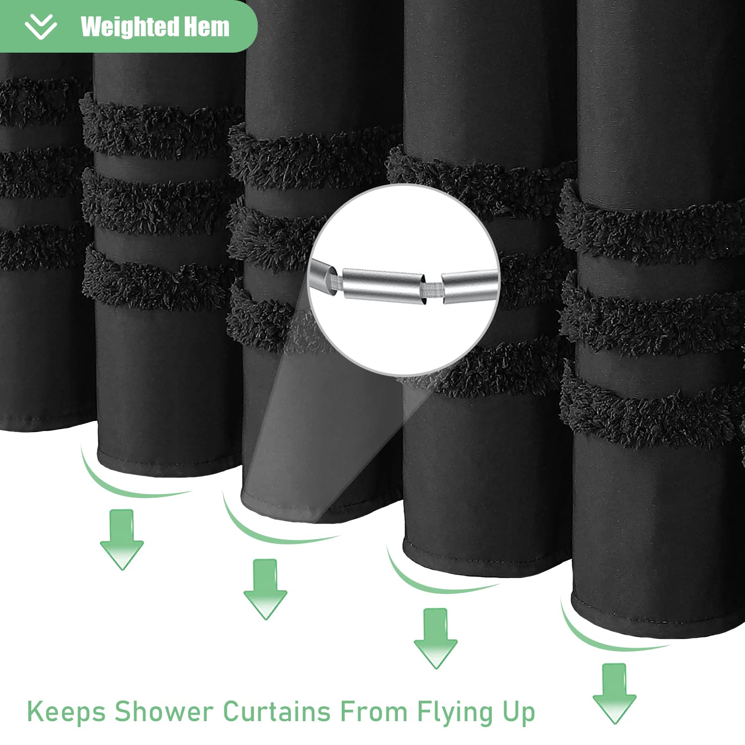 Dynamene Black Fabric Shower Curtain, Tufted Chenille Striped Textured Cloth Shower Curtains For Bathroom, Boho Farmhouse Shabby