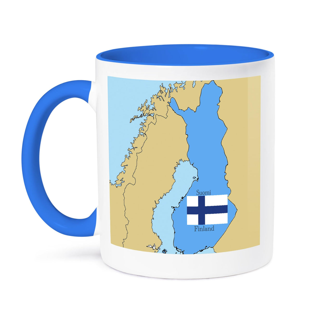3dRose mug_37585_6 ''The map and flag of Finland with Finland printed in English and Finnish.'' Two Tone Blue Mug, 11 oz, Multic