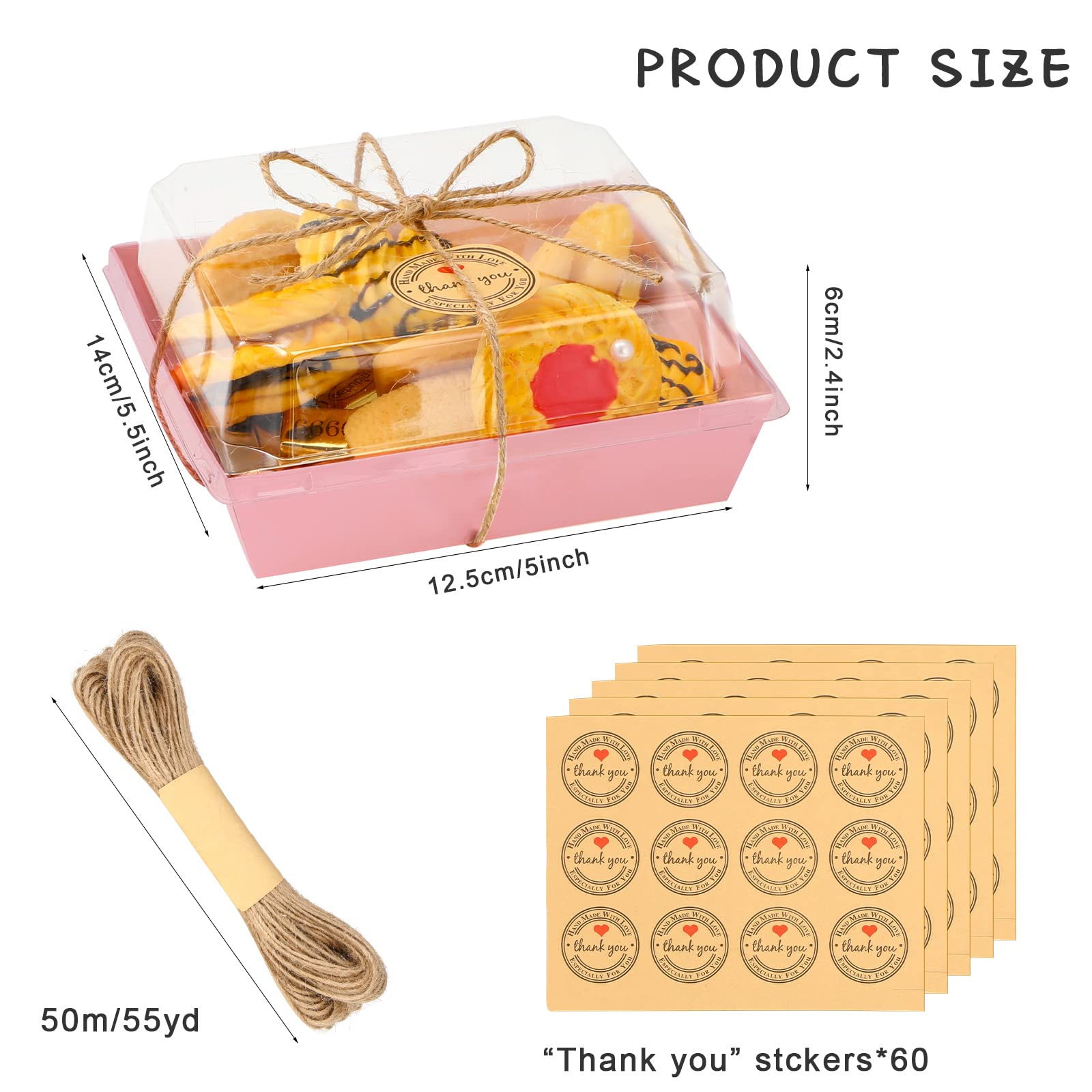 60 Pack Paper Charcuterie Boxes with Clear Secure Lids  5 Inches Disposable Food Containers with 55yd Twine and 60 Pcs Thank You Sticker Square Paper Boxes for Bakery  Cakes  Sandwich  Cookies (Pink)