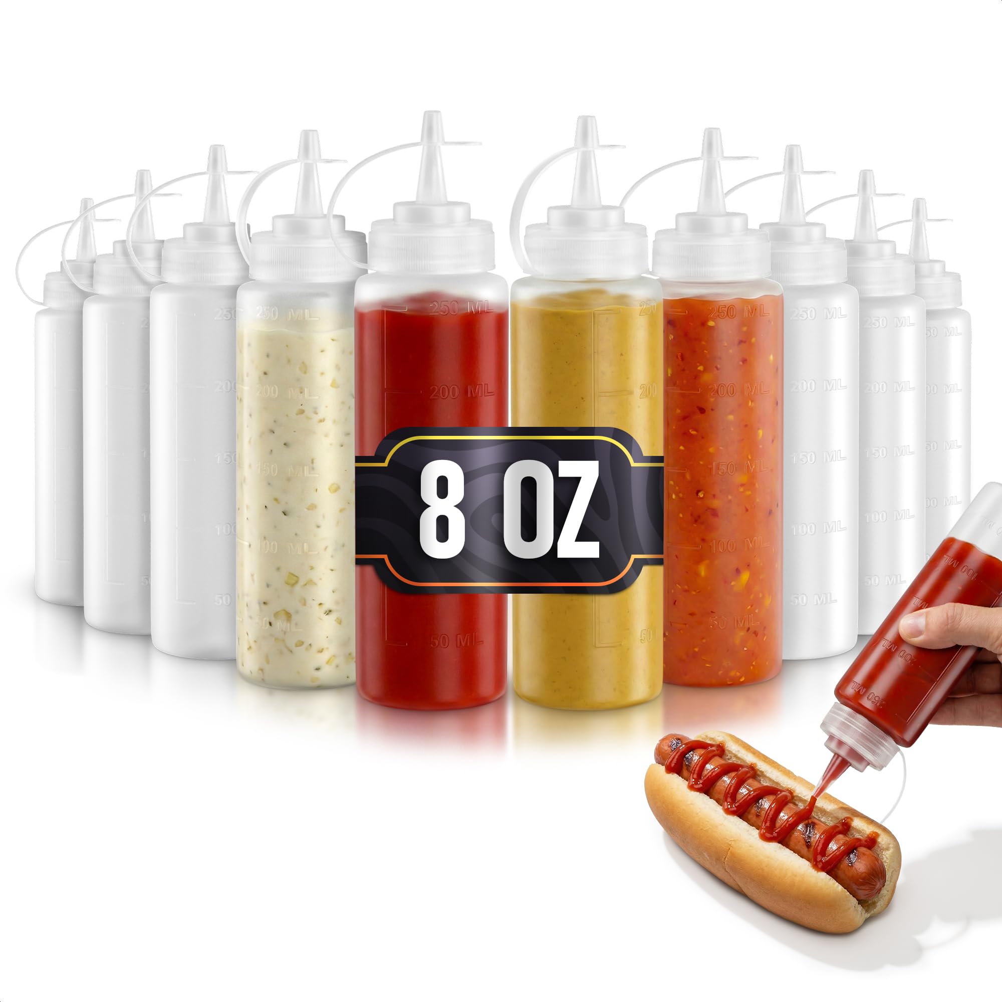 10-Pack Plastic Condiment Squeeze Bottles 8 oz - Refillable Leak-Resistant Squirt Bottles with Narrow Tip | Great for Oil, Sauce
