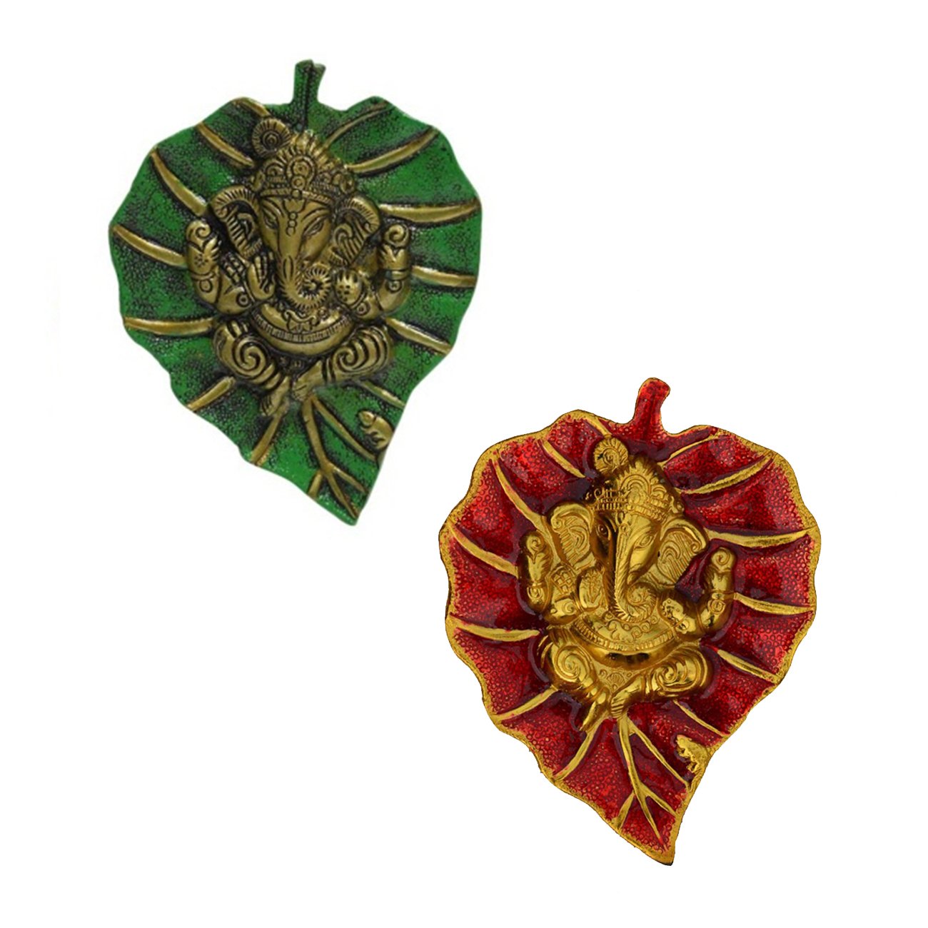 eCraftIndia Combo of Lord Ganesha on Green and Red Leaf (LxWxH - 7.5INx0.5INx6IN)