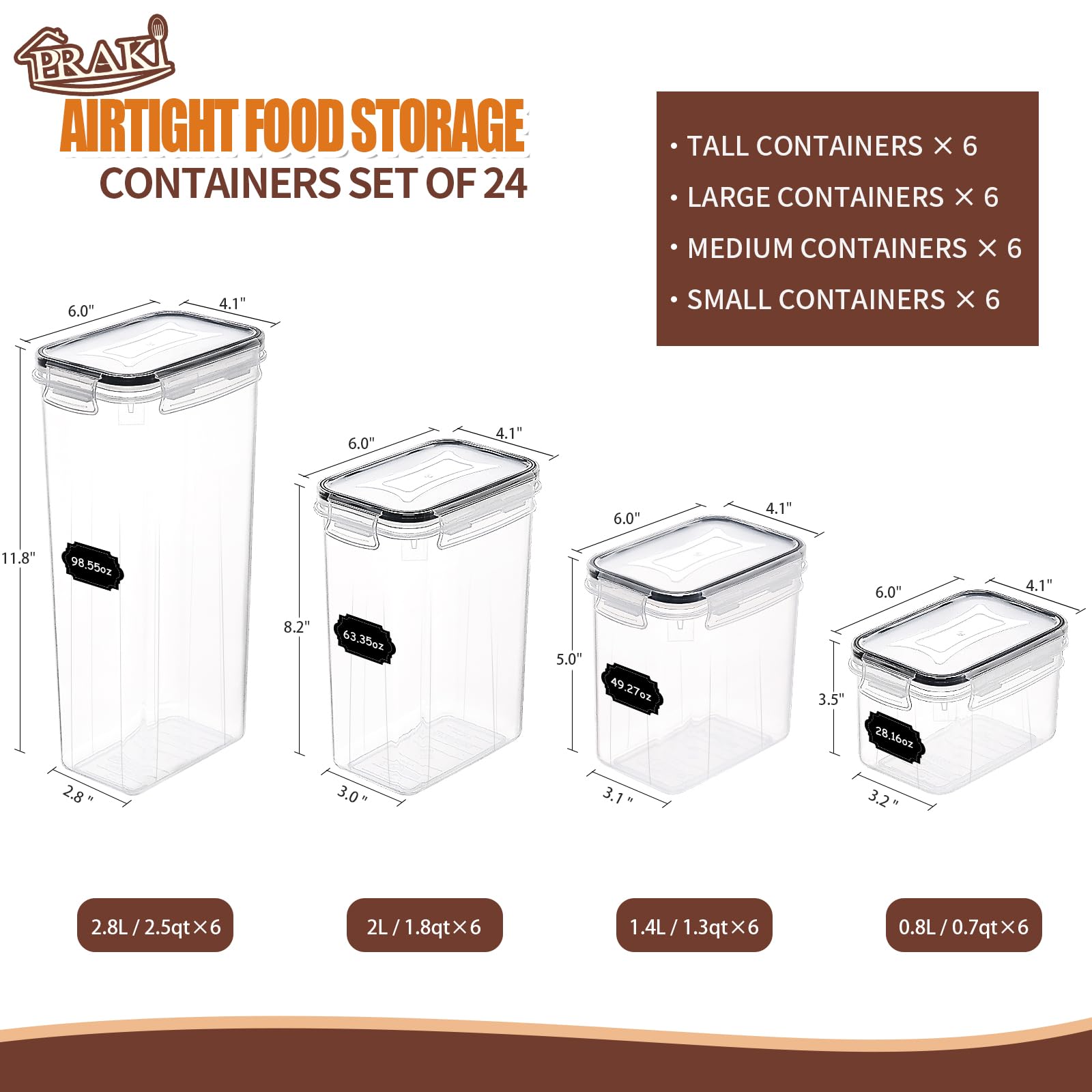 Praki Airtight Food Storage Containers Set With Lids - 24 Pcs, Bpa Free Kitchen And Pantry Organization, Plastic Leak-Proof Cani