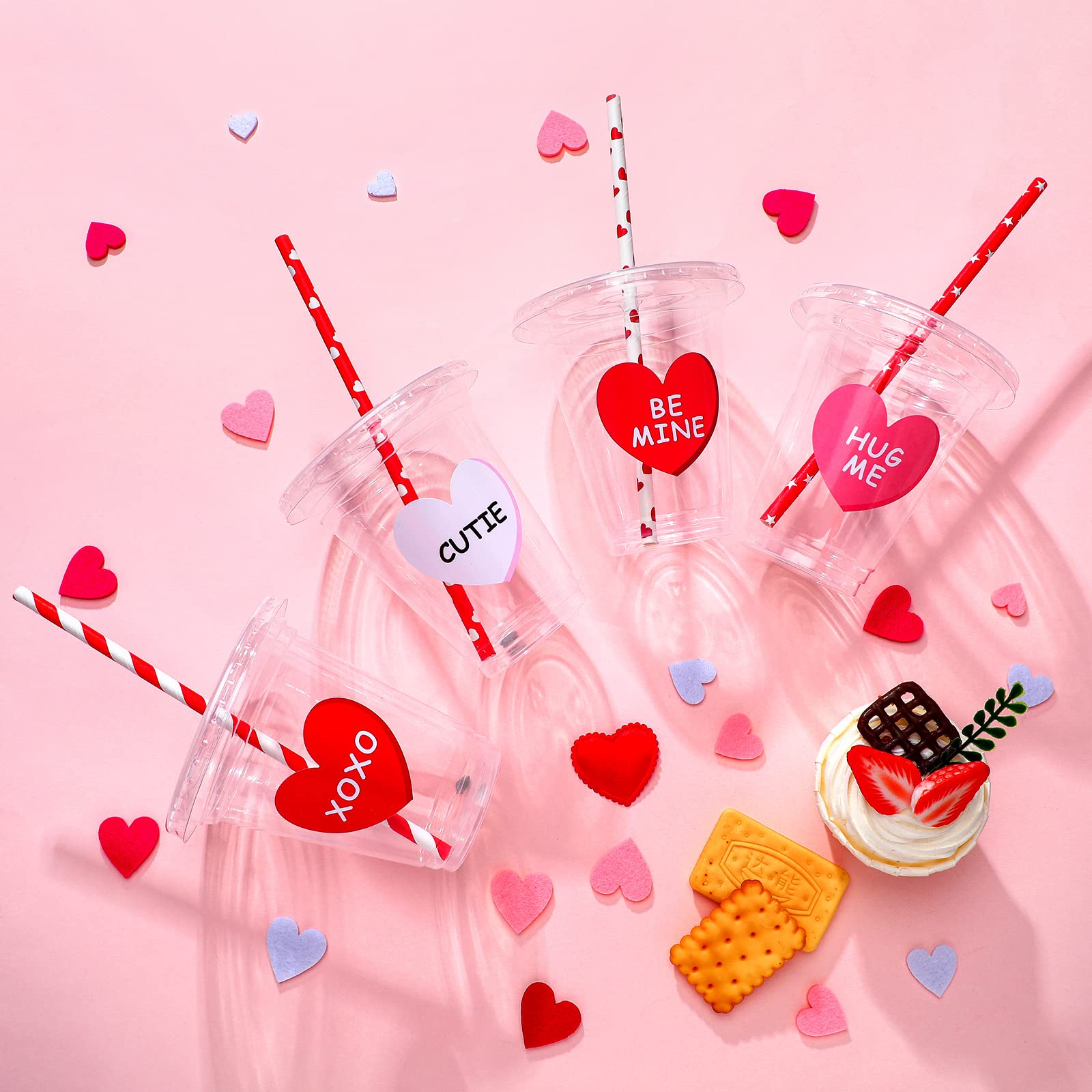 Eaasty 20 Sets Valentine'S Day Disposable Cups With Lid And Straws,12 Oz Clear Plastic Valentines Cups With Heart Shaped Sticker