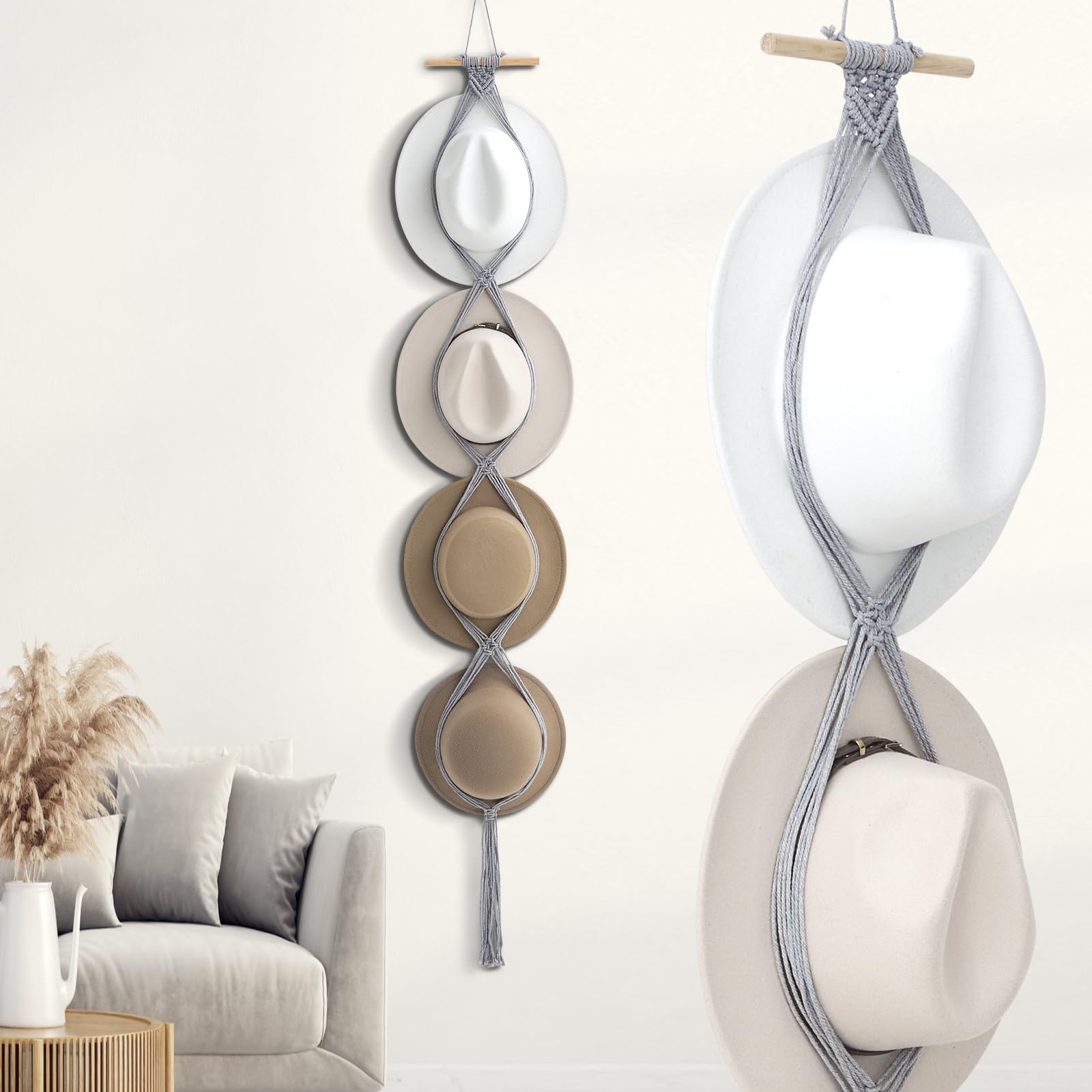 Yulejo Macrame Hat Hangers Boho Hat Rack Cowboy Hat Hanger Back Of Door Hat Organizer (Gray,Four Hats Style)