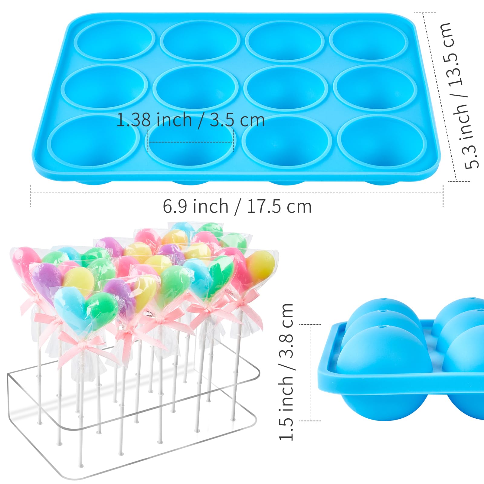 Cake Pop Maker Set, 12 Cavity Silicone Cake Pop Mold With15 Hole Clear Acrylic Lollipop Display Stand Holder, Sticks Treats Bags