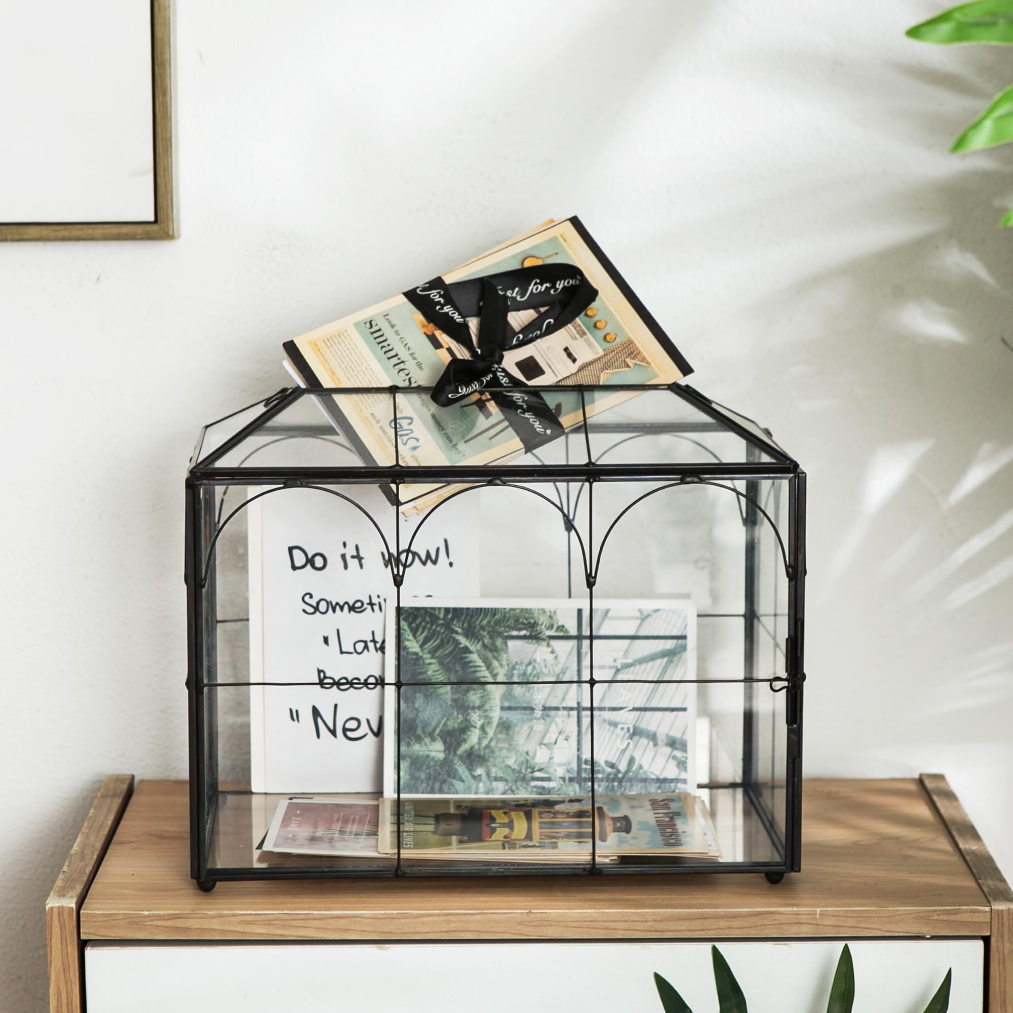 Sanllusit Wedding Card Box with Slot, 10.2'' Large Black Glass Card Boxes for Reception, Clear Decorative Storage Box with Lock