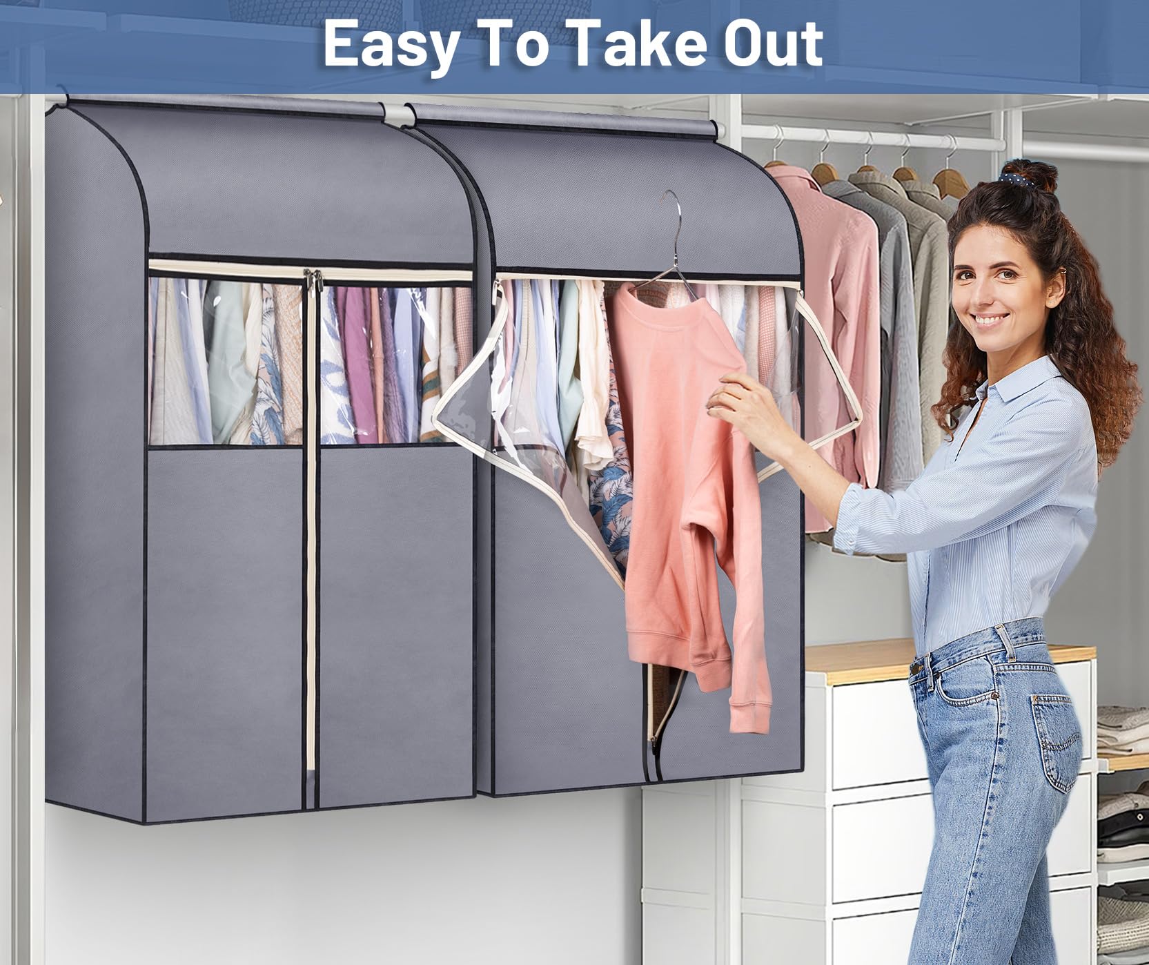 Sleeping Lamb 35'' Garment Bags For Hanging Clothes Storage, Sealed Completely Clothing Rack With Cover With Zipper Clear Pvc Wi