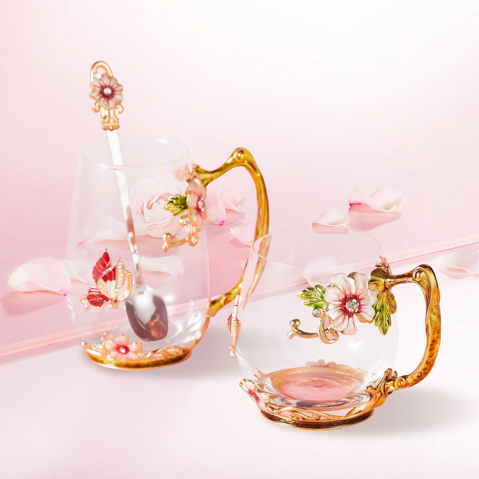 AISVELDY Flower Tea Cup,Clear Glass Fancy Coffee Mug with Spoon,Gift Box for Her Mom Wife Grandma Girls Friends Valentines Chris