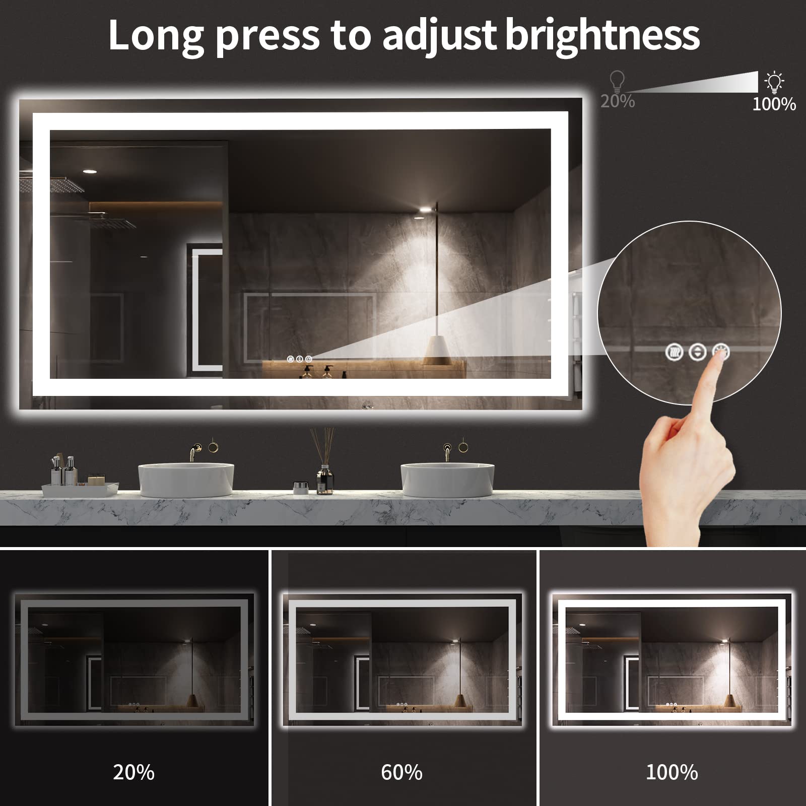 Loaao 72X40 Led Bathroom Mirror With Lights, Anti-Fog, Dimmable, Backlit + Front Lit, Lighted Bathroom Vanity Mirror For Wall, M
