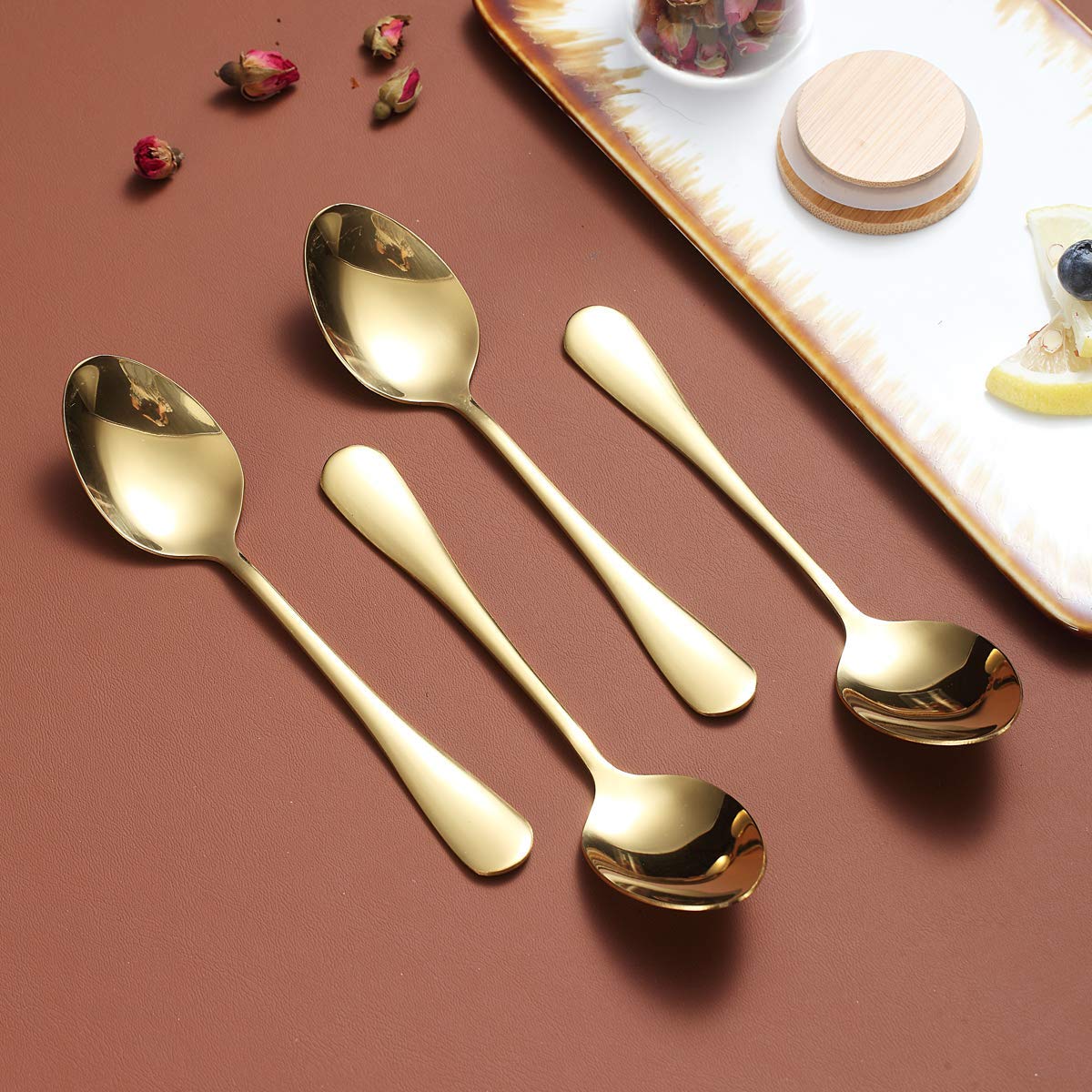 Gold Teaspoons 6.5'' Set Of 4, Berglander Stainless Steel Titanium Plating Shiny Golden Tea Spoons Silverware, Tea Spoon Small D