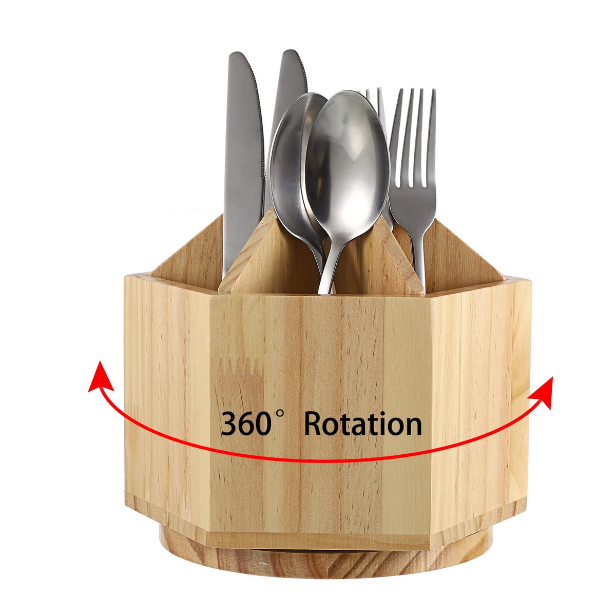 Juxyes Rotating Utensil Holder For Kitchen Countertop, Wood Utensil Organizer With Removable Divider, Rotatable Flatware Caddy C