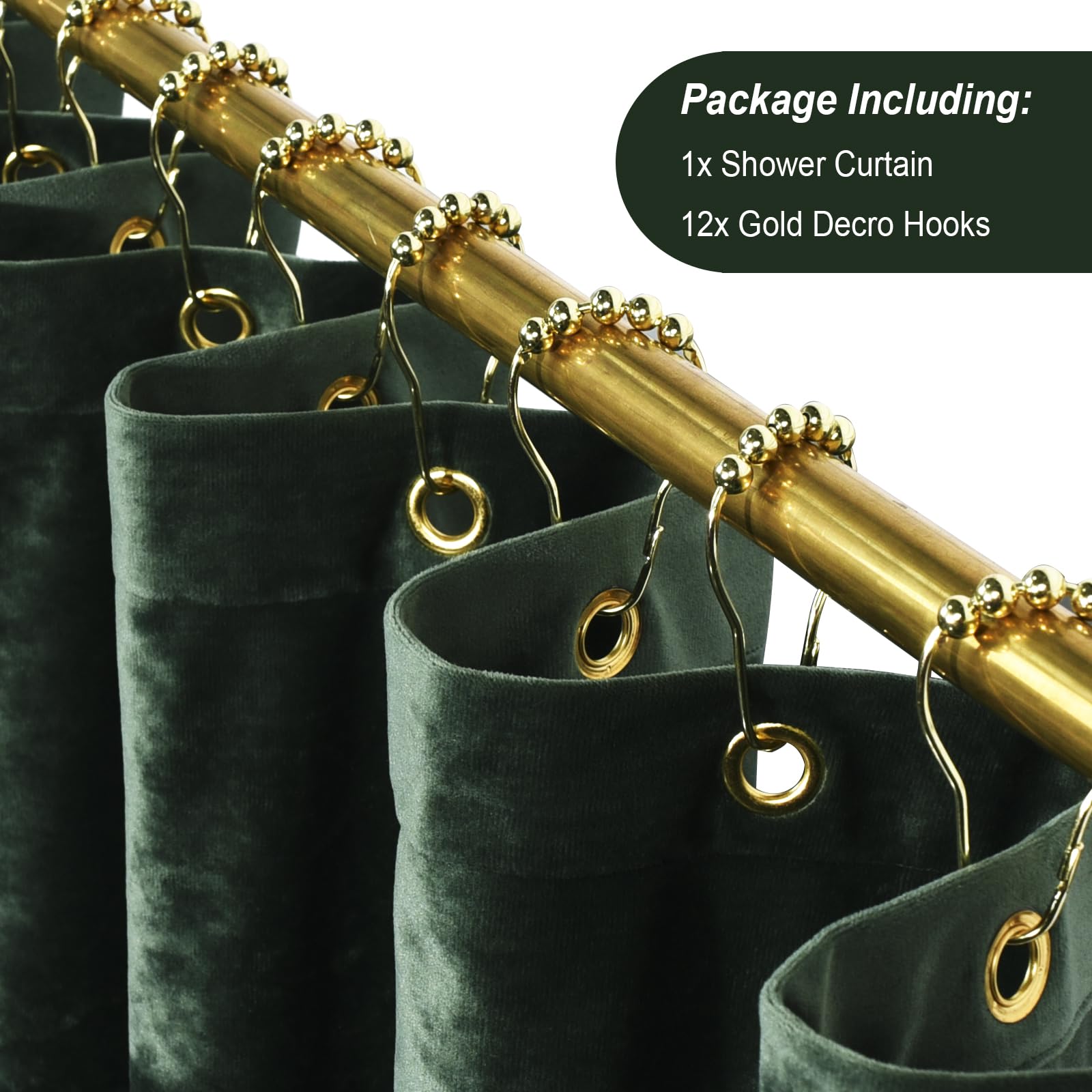 Tamgho Crushed Velvet Shower Curtain, Dark Green Luxury Shower Curtain With Gold Decro Metal Hooks, Machine Washable Thick Fabri