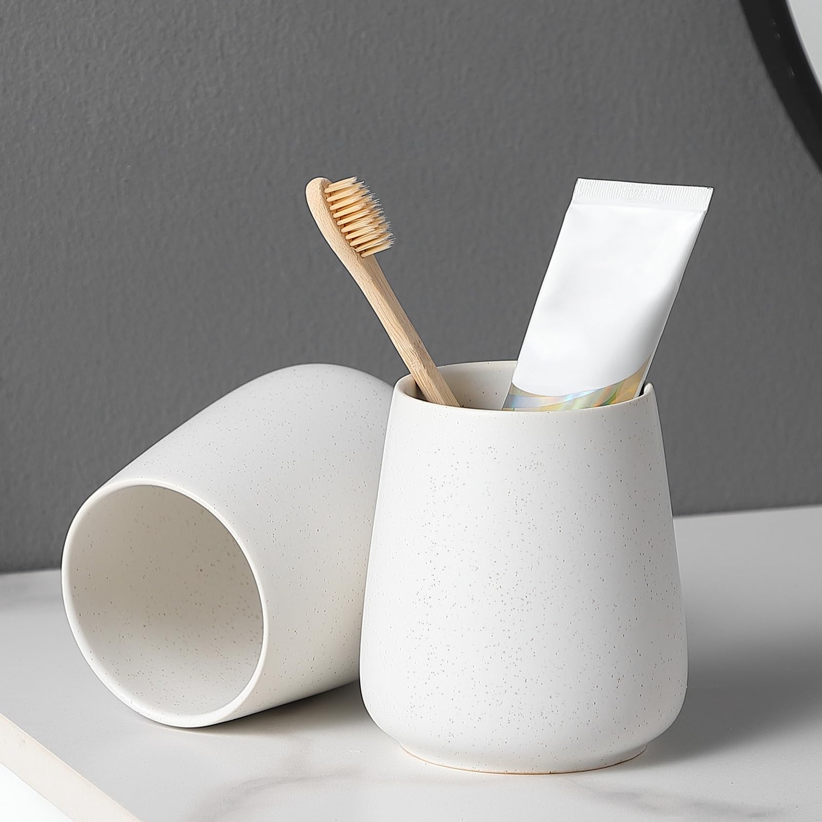 Speckled White Toothbrush Holder Set - 2Pcs Bathroom Ceramic Tooth Brushing Holders, Toothbrush Cup, Toothpaste Organizer For Co