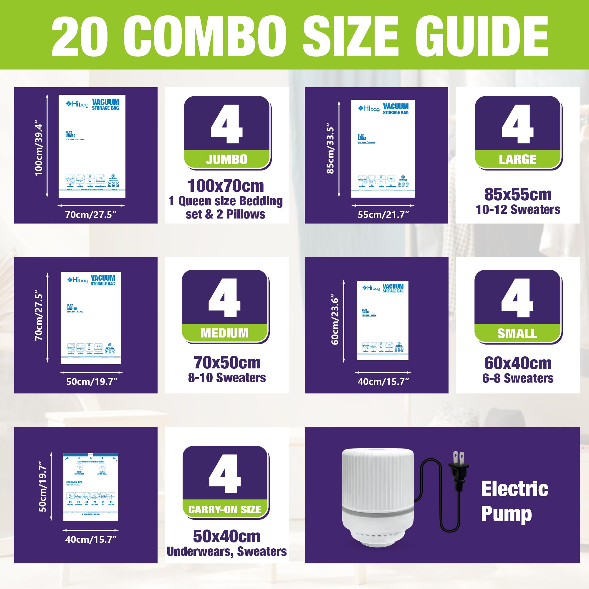 Hibag Vacuum Storage Bags With Electric Pump, Vacuum Seal Space Saver Bags For Clothes, Clothing, Pillows, Blanket Bedding Comfo