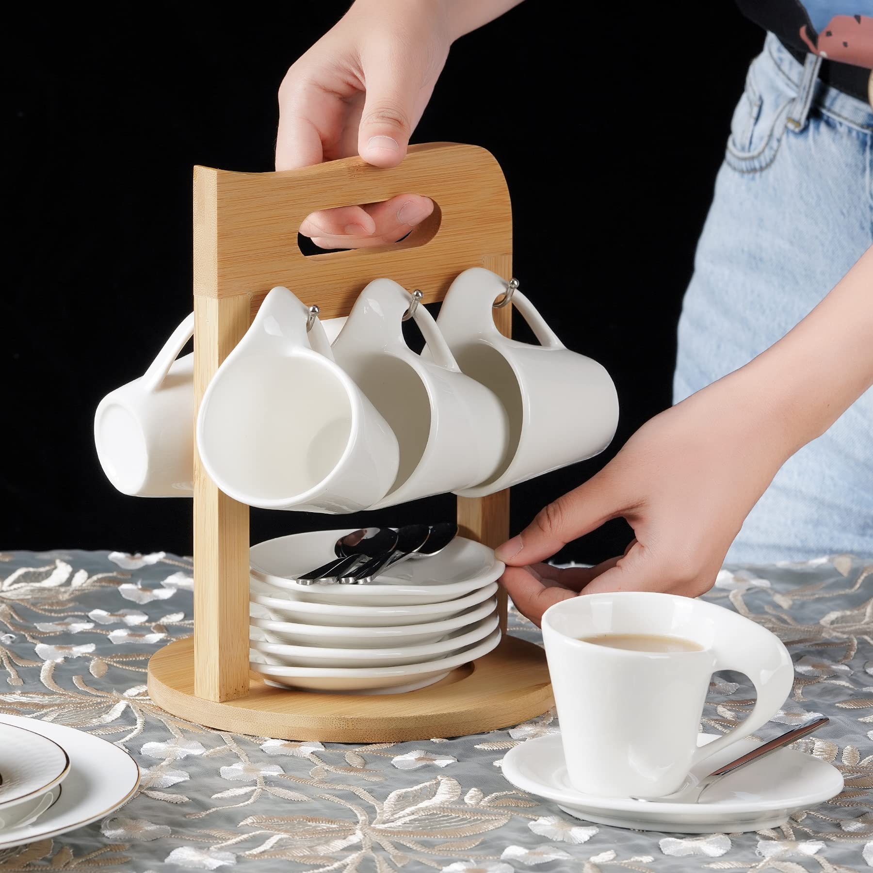 Trspcwr Espresso Coffee Cup Set Of 6, Ceramic Coffee Tea Cup Set 2.5Oz With Holder And Saucer Service, Turkish Coffee Cup For Ho