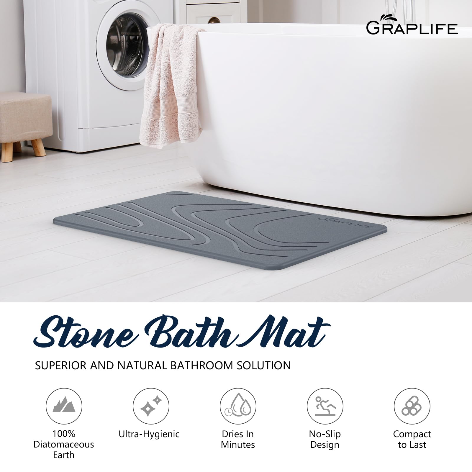 Graplife - Stone Bath Mat  Diatomaceous Earth Shower Mat  Non-Slip Super Absorbent Quick Drying Bathroom Floor Mat  Natural  Easy to Clean (23.5 x 15 Darkgrey)