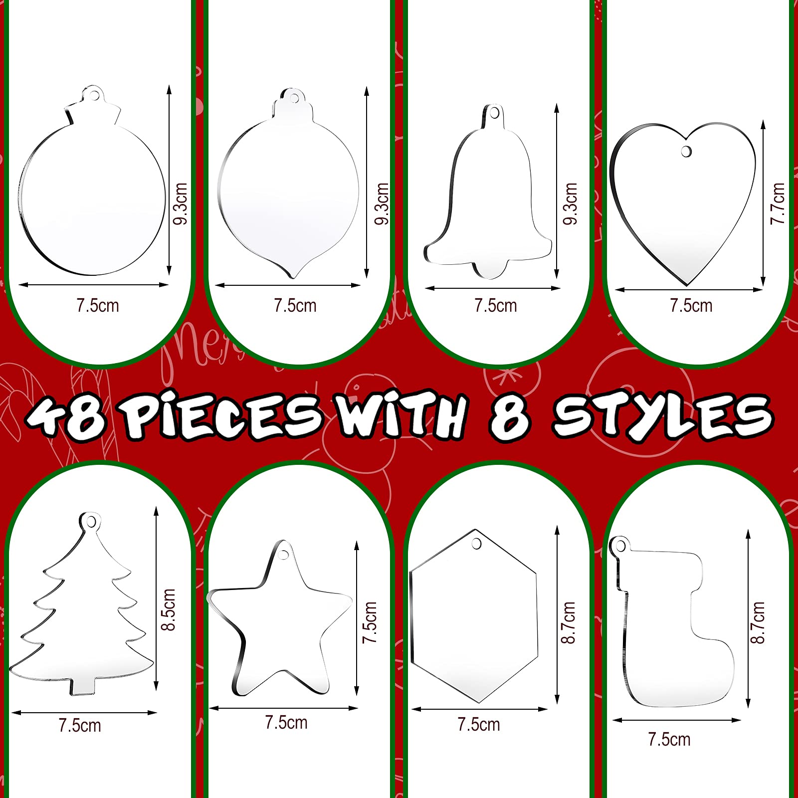 48 Pieces Acrylic Christmas Ornament Blank Christmas Tree Decorations Hanging Heart Bell Star Acrylic Xmas Decorations for Xmas