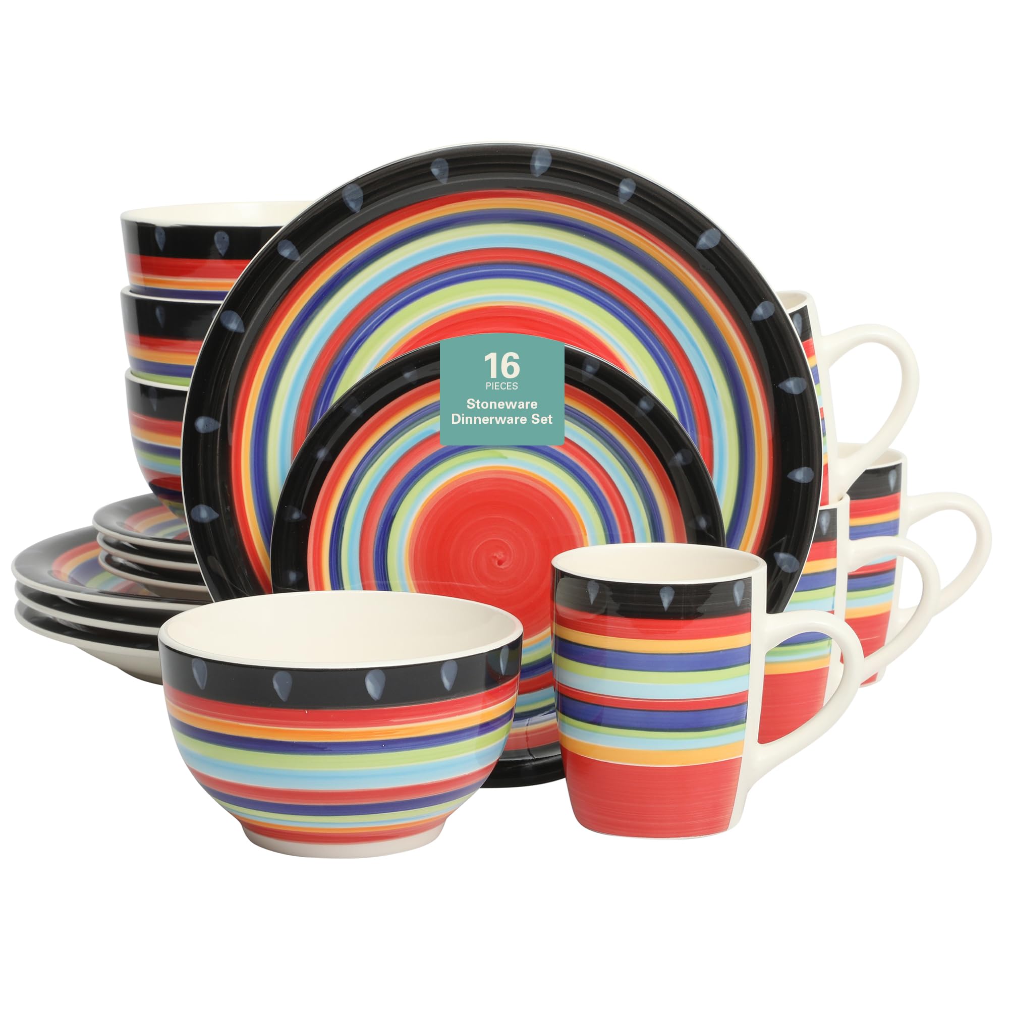 Gibson Home Festival Rings 16-Piece Stoneware Dinnerware Set - Colorful Hand-Painted Plates, Bowls & Mugs, Service for 4, Dishwa