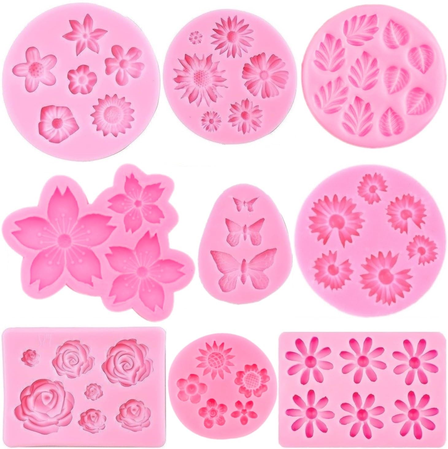Flower Silicone Molds,9pcs Rose Leaf Daisy Sunflower Chrysanthemum Small Flowers Fondant Molds Polymer Clay Mould Candy Chocolat