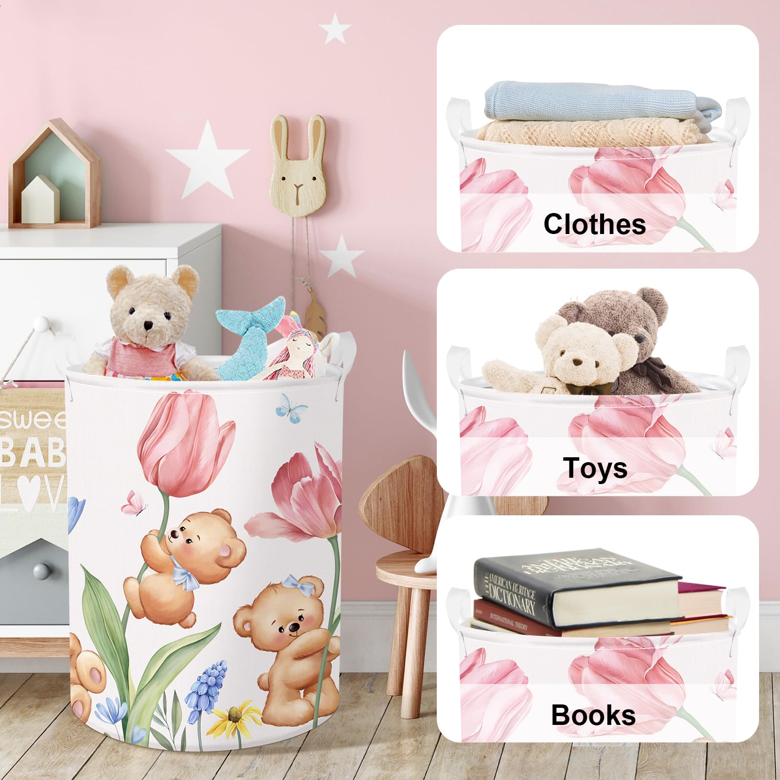 Clastyle Large Pink Tulip Bear Baby Gift Basket Kid Clothes Toy Book Nursery Storage Bin Girl Bedroom Butterfly Flower Laundry H