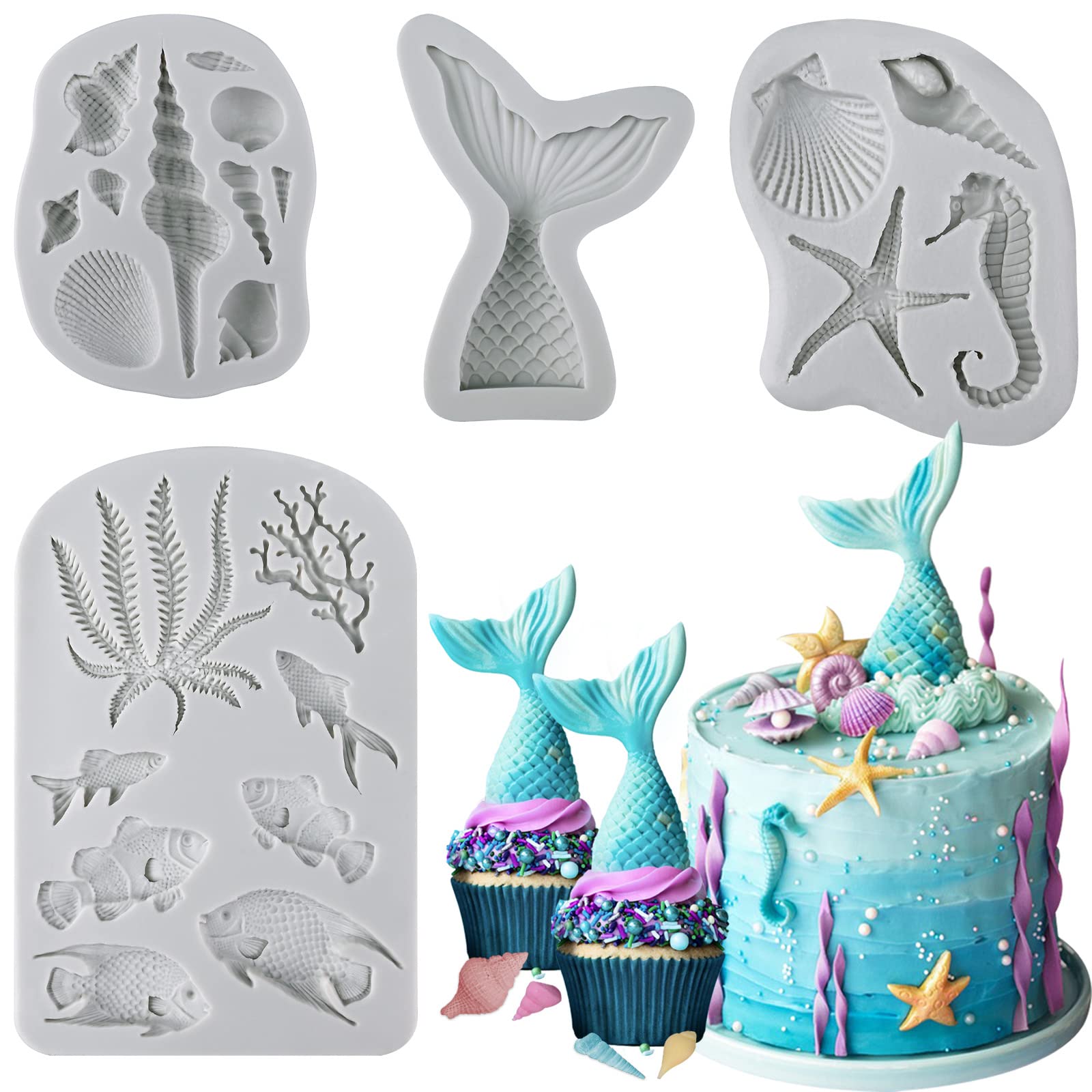 Sakolla 4 Pcs Marine Theme Silicone Fondant Molds, Mermaid Tail Seashell Conch Starfish Shape Silicone Molds for Cake Decoration