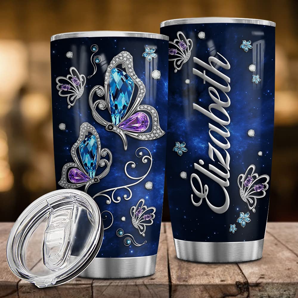 Wassmin Personalized Butterfly Stainless Steel Vacuum Insulated Tumbler With Lid - Custom Name 20 Oz 30 Oz Double Walled Insulat