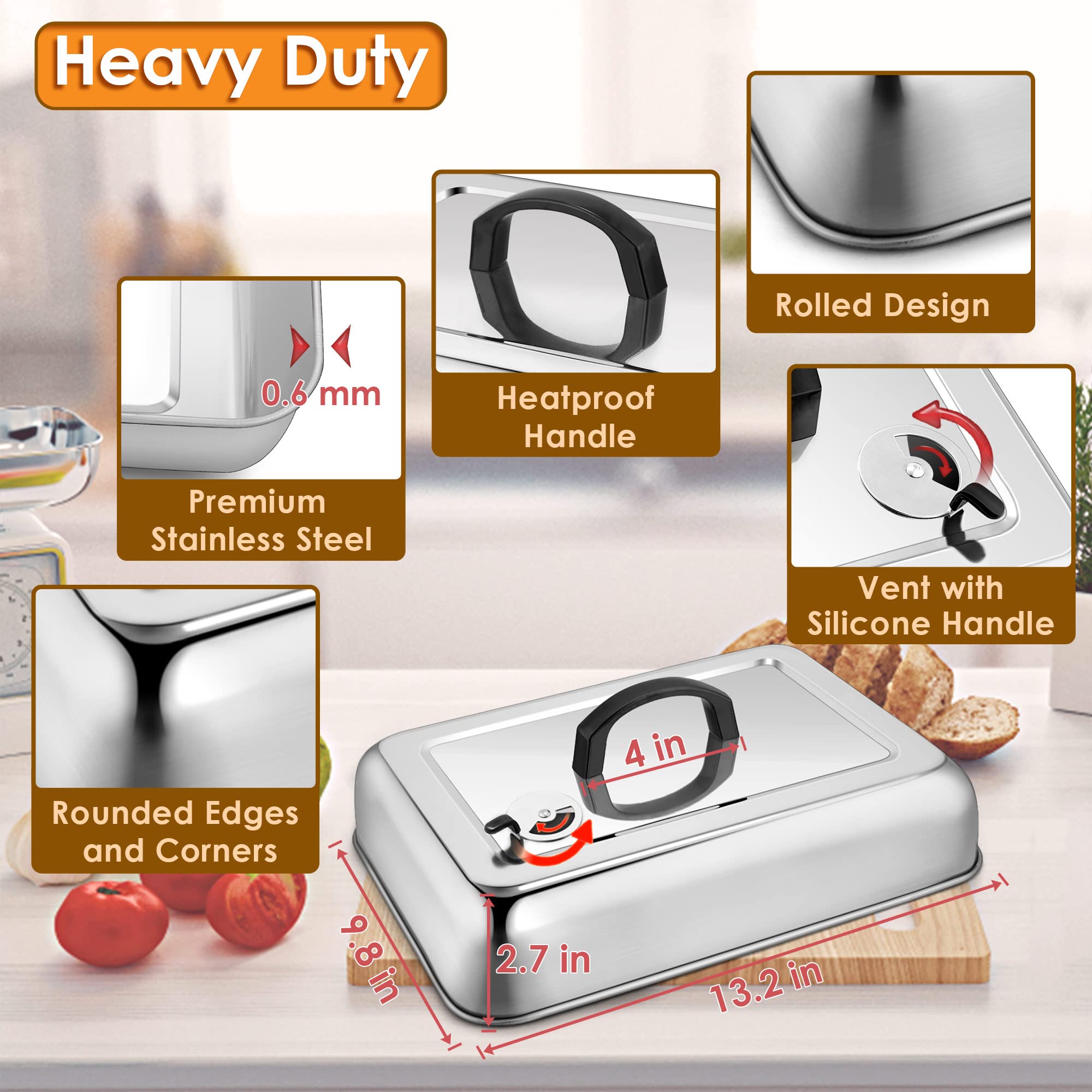 Leonyo 13 x 9 Inch Rectangular Basting Cover  with Adjustable Vent  Stainless Steel Metal Cheese Melting Dome Lid Heavy Duty for Outdoor&Indoor Flat Top Griddle BBQ Grilling Buffet  Heatproof Handle