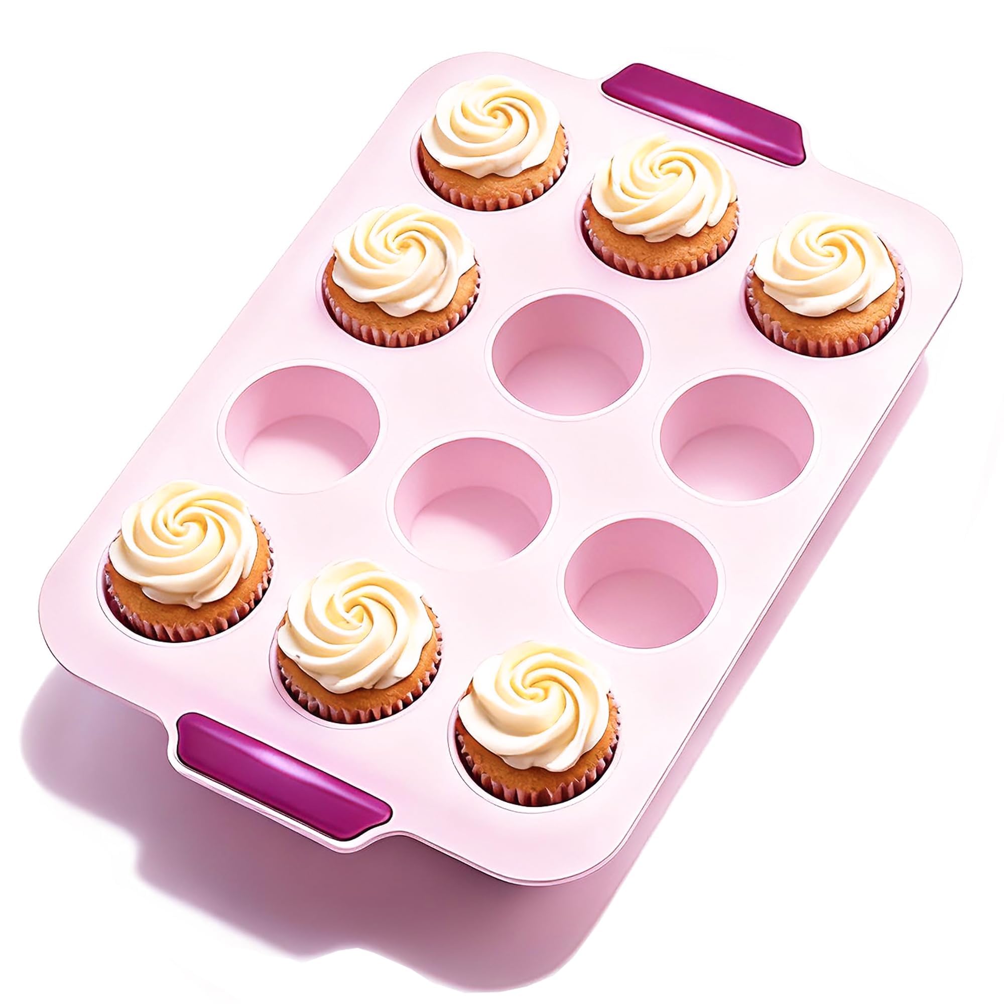 Nauvora 12 Cups Mini Silicone Muffin Tray with Integrated Metal Frame, Non-Stick Cupcake Muffin Pan for Even Heating, Oven Freez