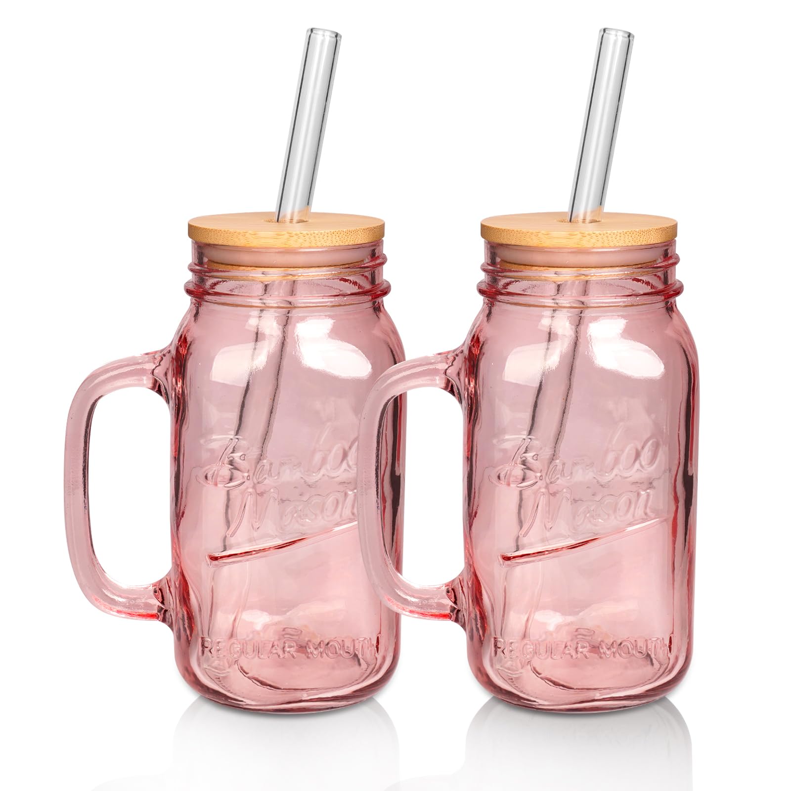 Anoiton Tumbler With Handle And Straw, 24Oz Pink Mason Jars With Handles Drinking Glasses Pink Glassware Colored Glass Cups With