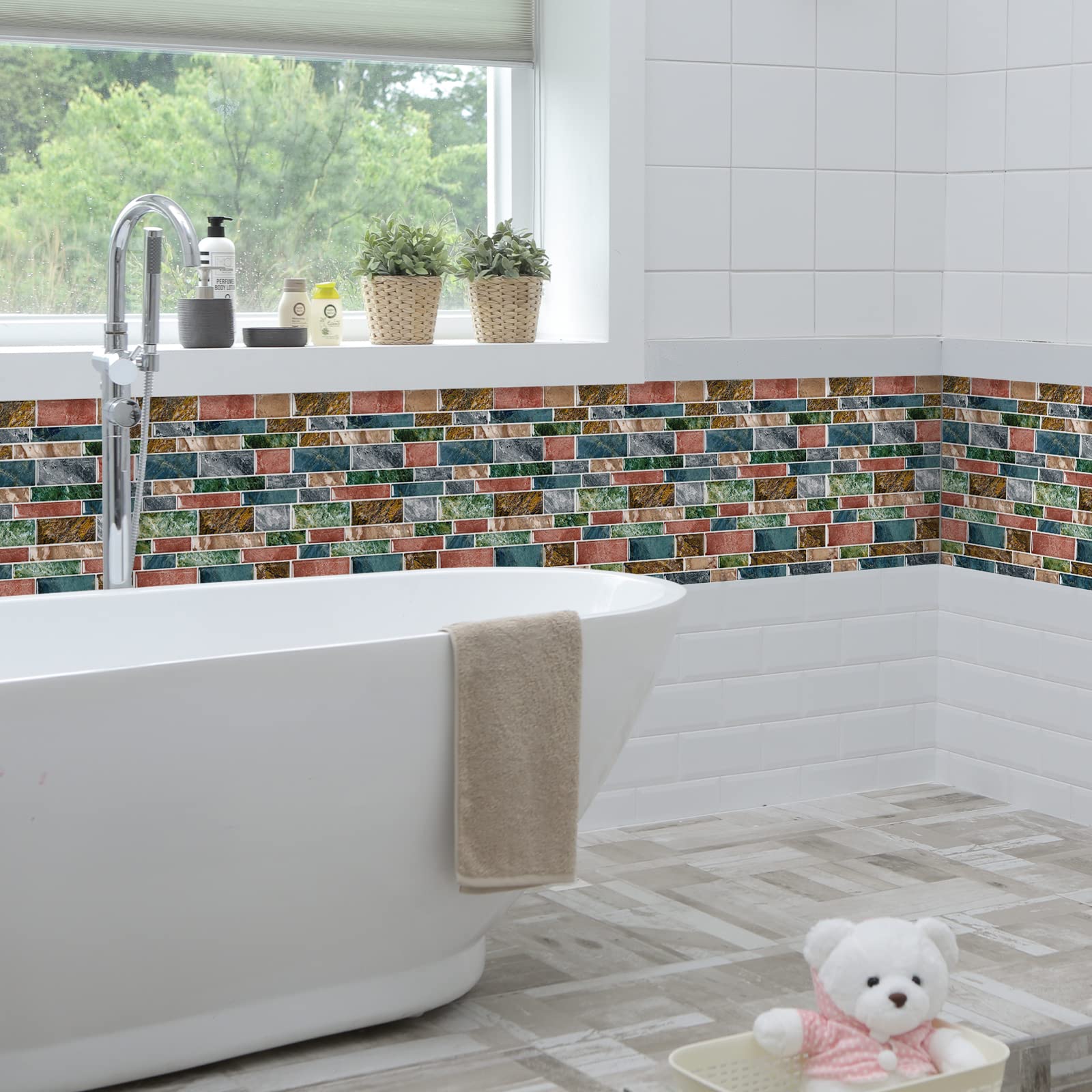 DEWOO Peel and Stick on Self Adhesive Backsplash Wall Marble Tiles Stickers 3D for Kitchen Bathroom,Colorful (10-Sheet, 12  12)