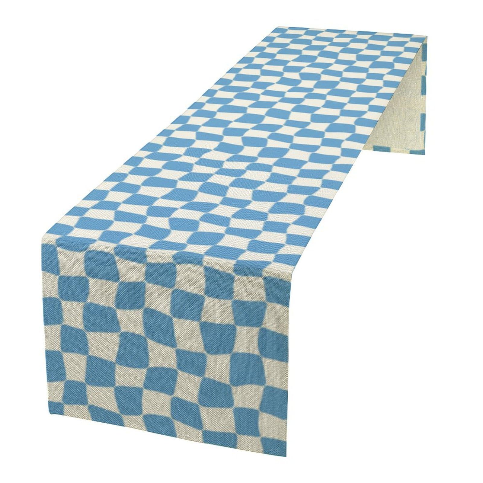 70s Hippie Table Runner Groovy Blue Twisted Checkered Funky Modern Geometric Boho Dinner Runner for Living Room Kitchen Party Ho