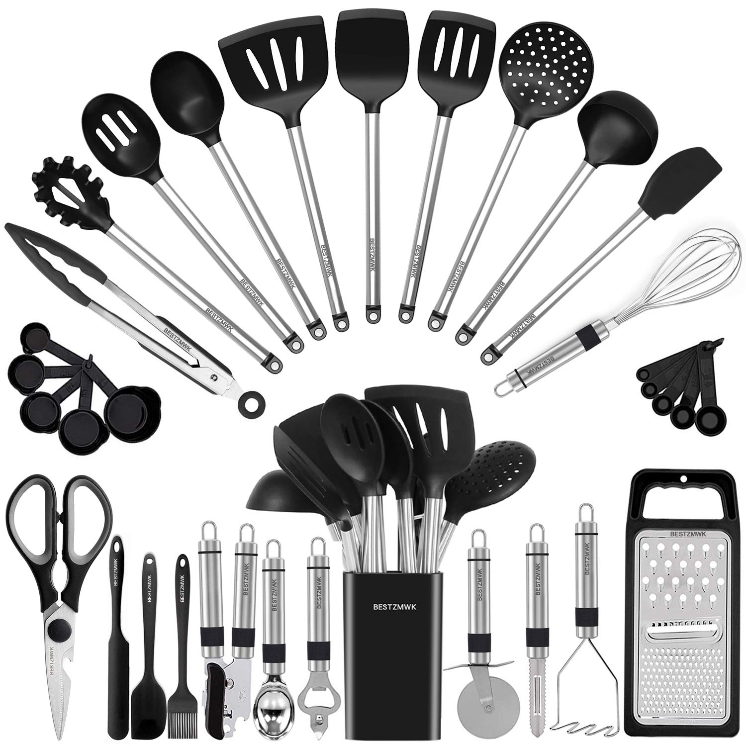 Kitchen Utensil Set-Silicone Cooking Utensils-33 Kitchen Gadgets & Spoons For Nonstick Cookware-Silicone And Stainless Steel Spa