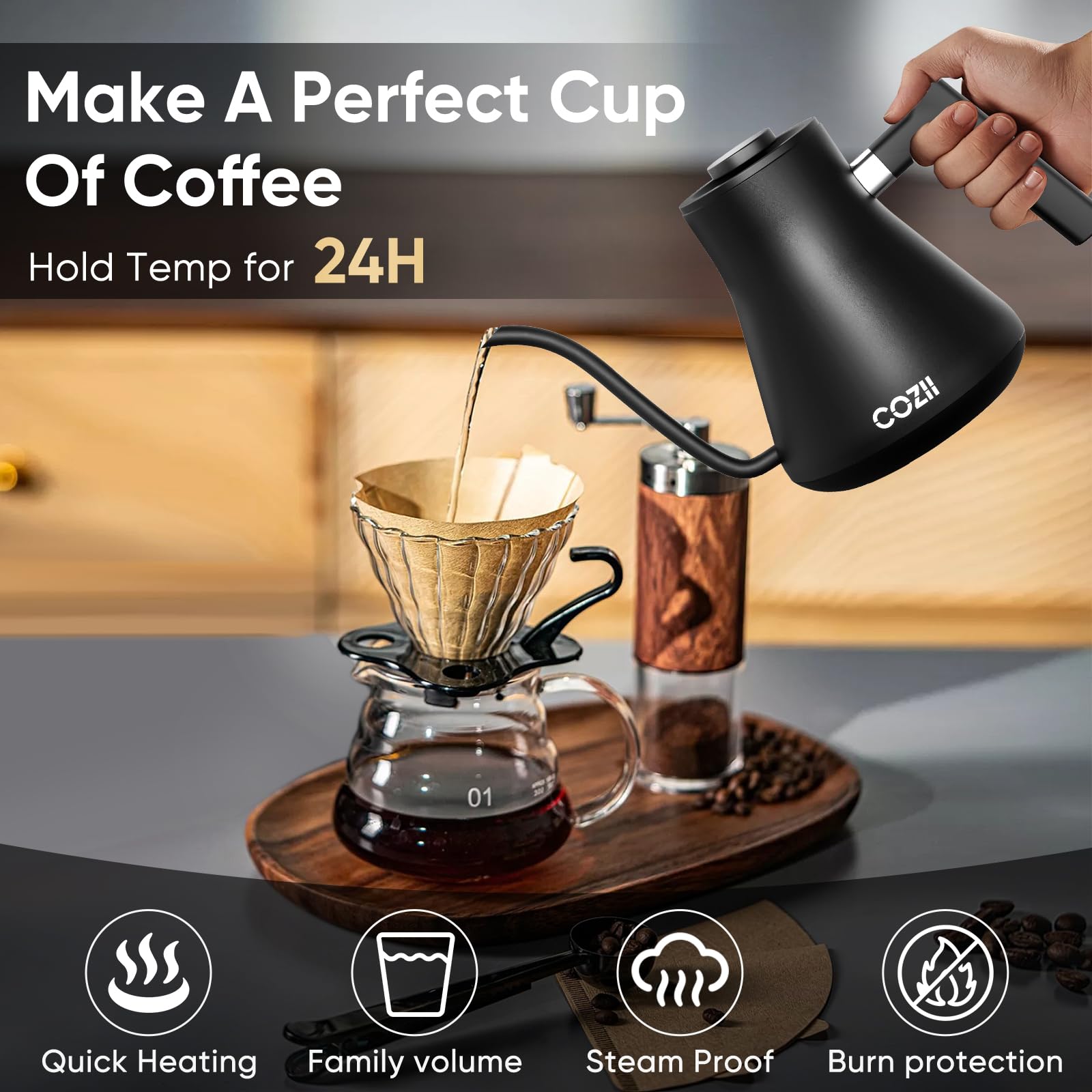 Cozii Gooseneck Electric Kettle, 5 Presets & 1? Temperature Control 1200W Quick Heating Water Boiler For Coffee/Tea, 24H Keep Wa