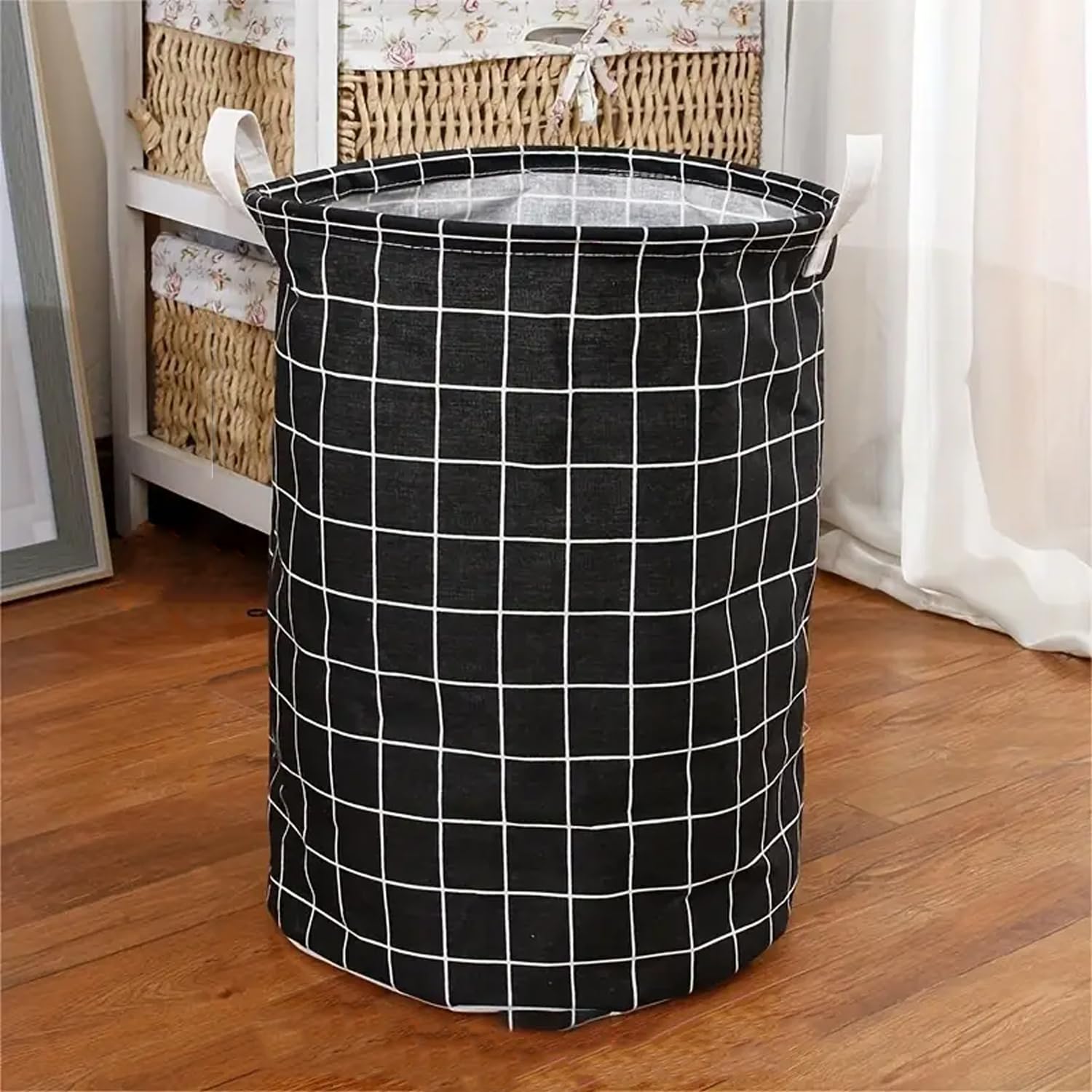 Kuber Industries Foldable Storage Basket|Round Toy Storage Bin|Side Grab Handle|Wardrobe, Closet Organizer (Black)