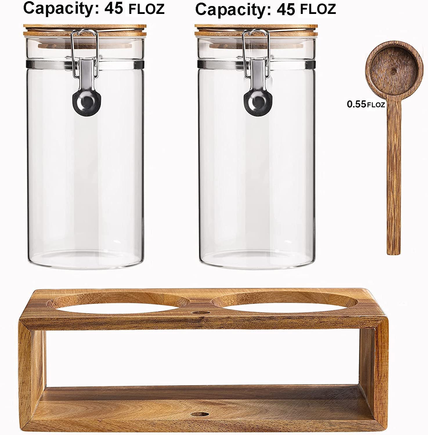 Yangbaga Glass Coffee Containers With Shelf, 2 X 45Oz Coffee Bean Canister Storage Station Organizer With Airtight Locking Clamp